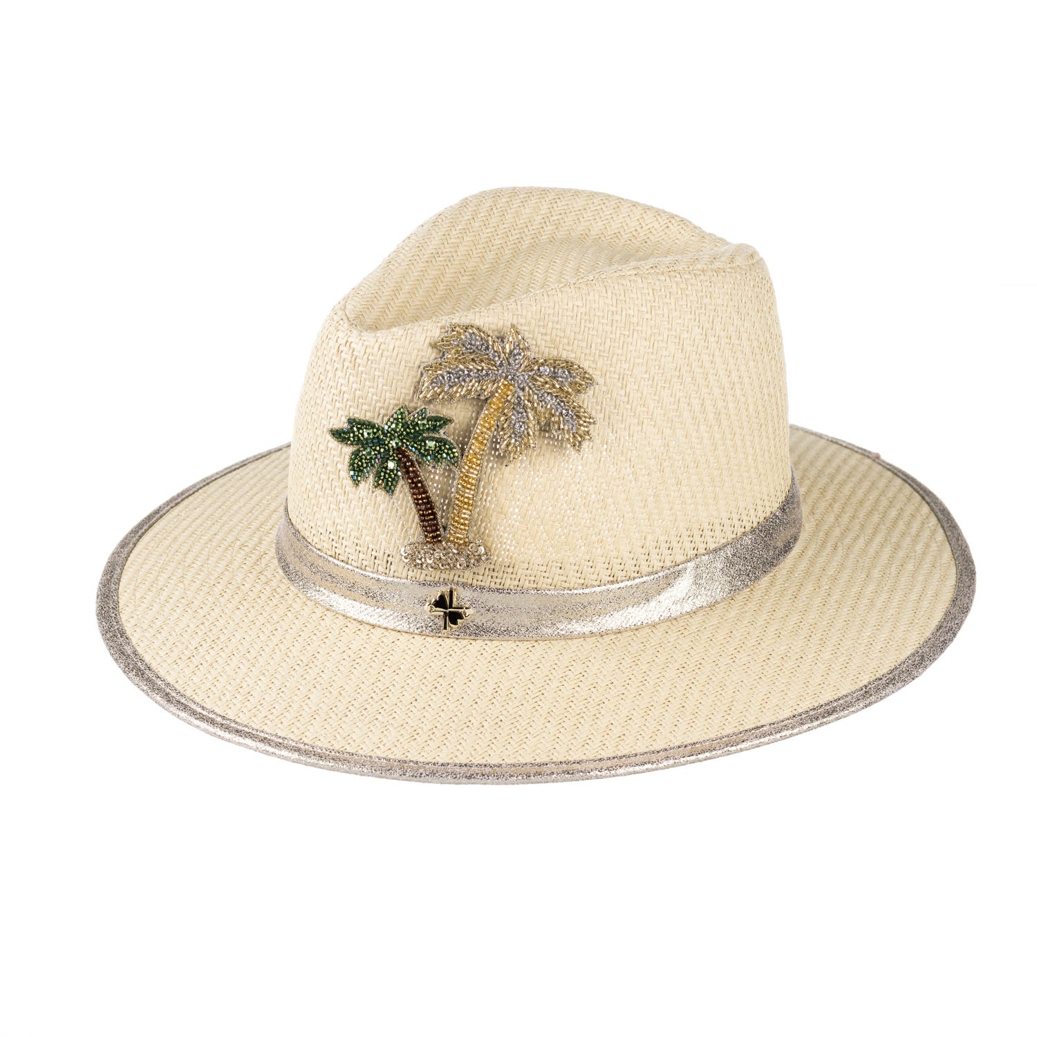 Laines London Women's Neutrals Straw Woven Hat With Couture Embellished Golden Palm Tree Brooch - Cream In White/yellow