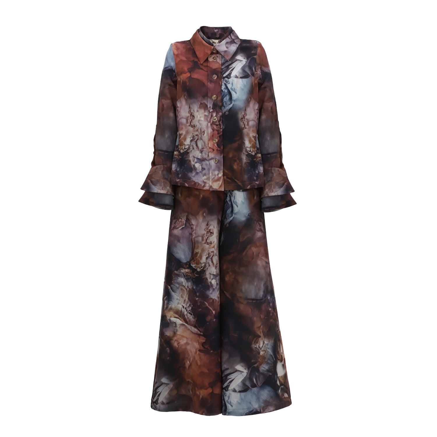 Co-Ord Set - Shirt And Wide-Leg Pants Abstract Print Brown | Small | Julia Allert