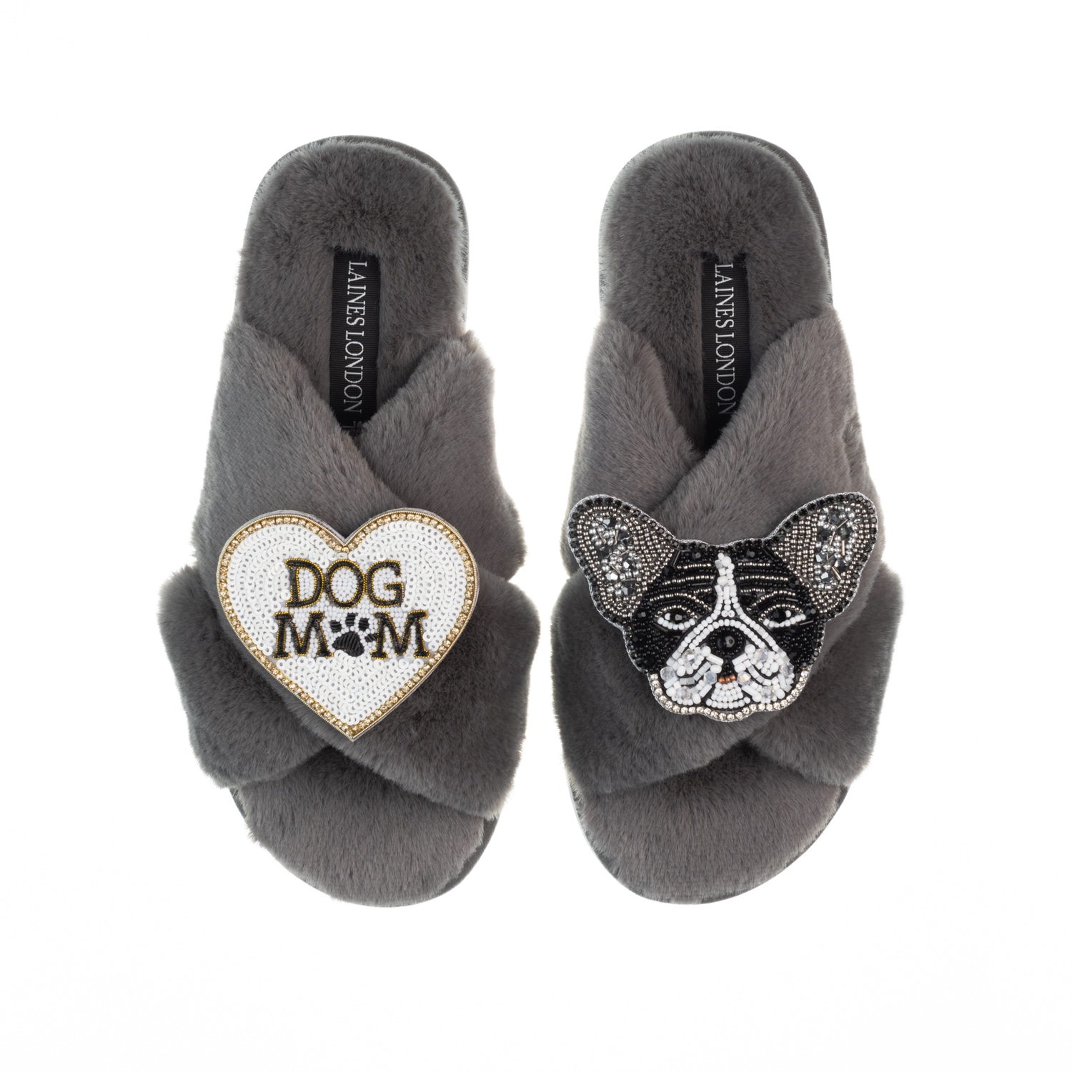 Women’s Classic Laines Slippers With Coco The Frenchie & Dog Mum / Mom Brooches - Grey Large Laines London