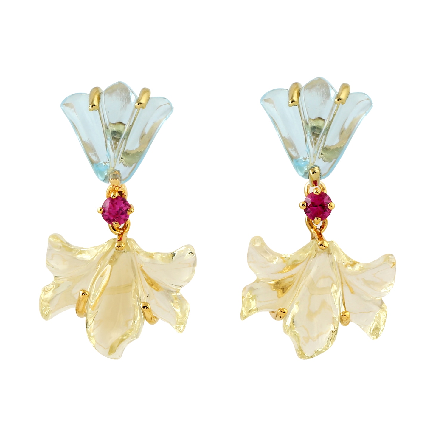 Women’s Blue / Gold / White Carving Lemon Quartz Ruby & Blue Topaz With 18K Solid Gold In Elegant Dangle Earrings Artisan