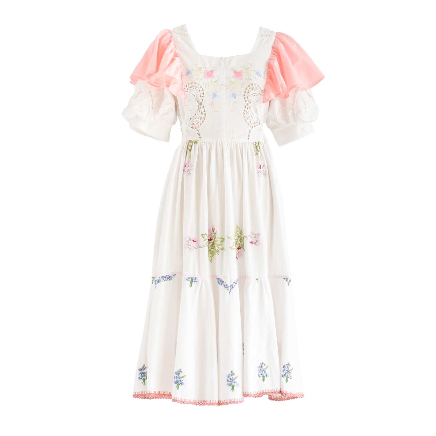 Sugar Cream Vintage Women's Re-design Upcycled Bohemian Floral Motifs Ruffle Sleeved Maxi Dress In Orange/white