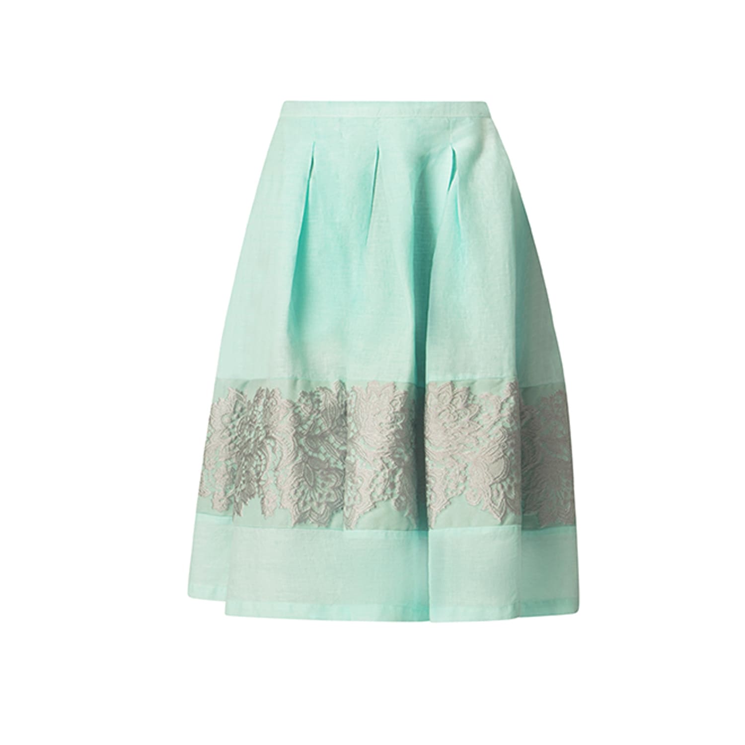 Haris Cotton Women's Green Linen Skirt With Pleats And Cotton Embroidery Mint Silver In Green