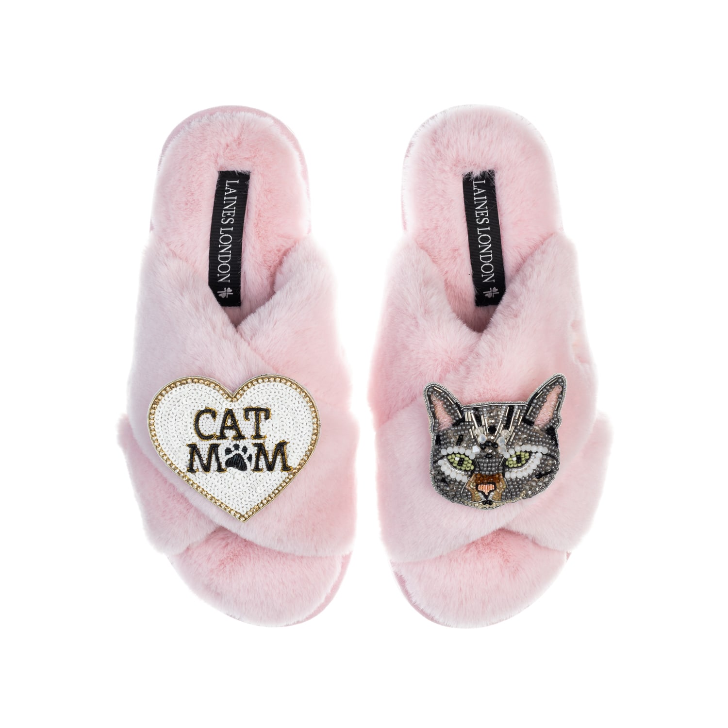 Laines London Women's Pink / Purple Classic Laines Slippers With Grey Pebbles Cat & Cat Mum / Mom Brooches - Pink
