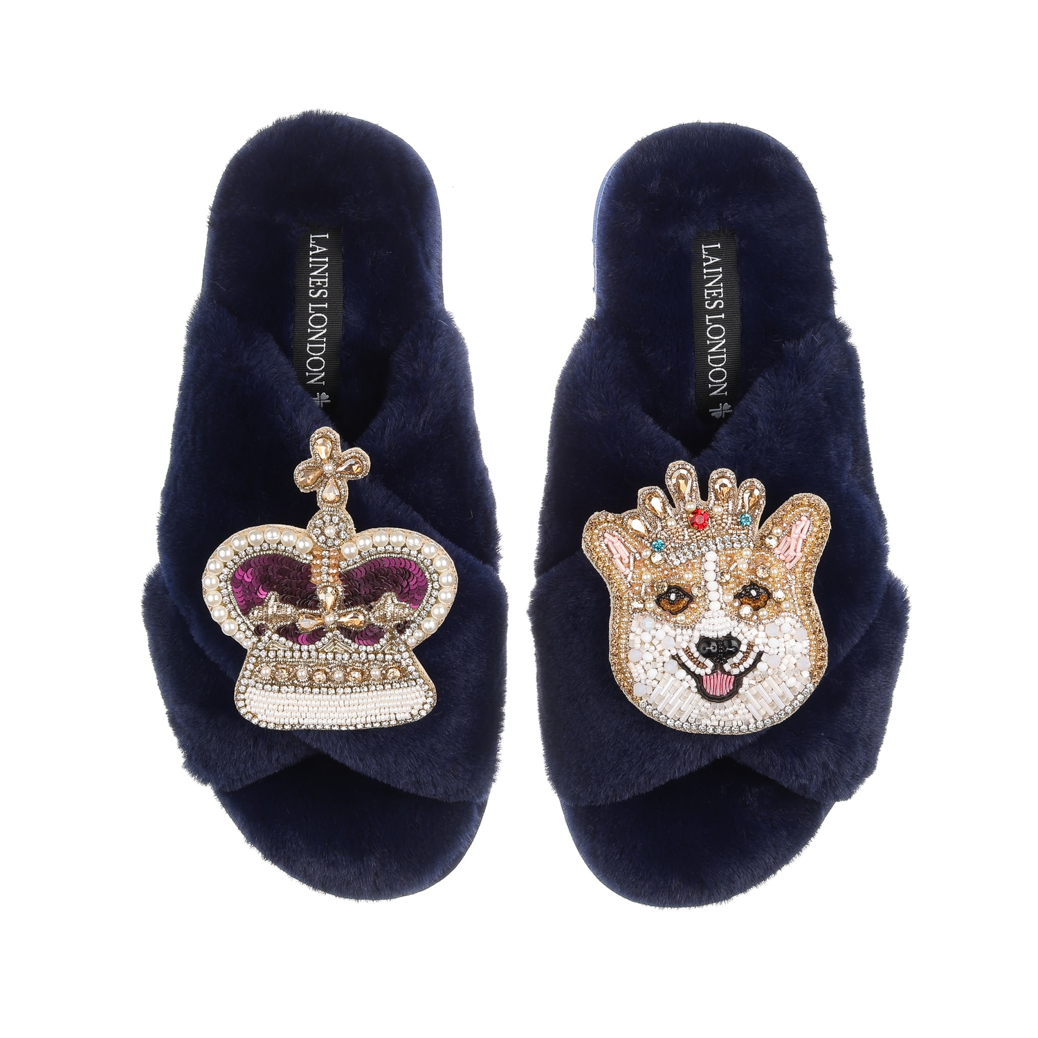 Women’s Blue Classic Laines Slippers With Artisan Sandy The Corgi & Royal Crown Brooches - Navy Extra Large Laines London