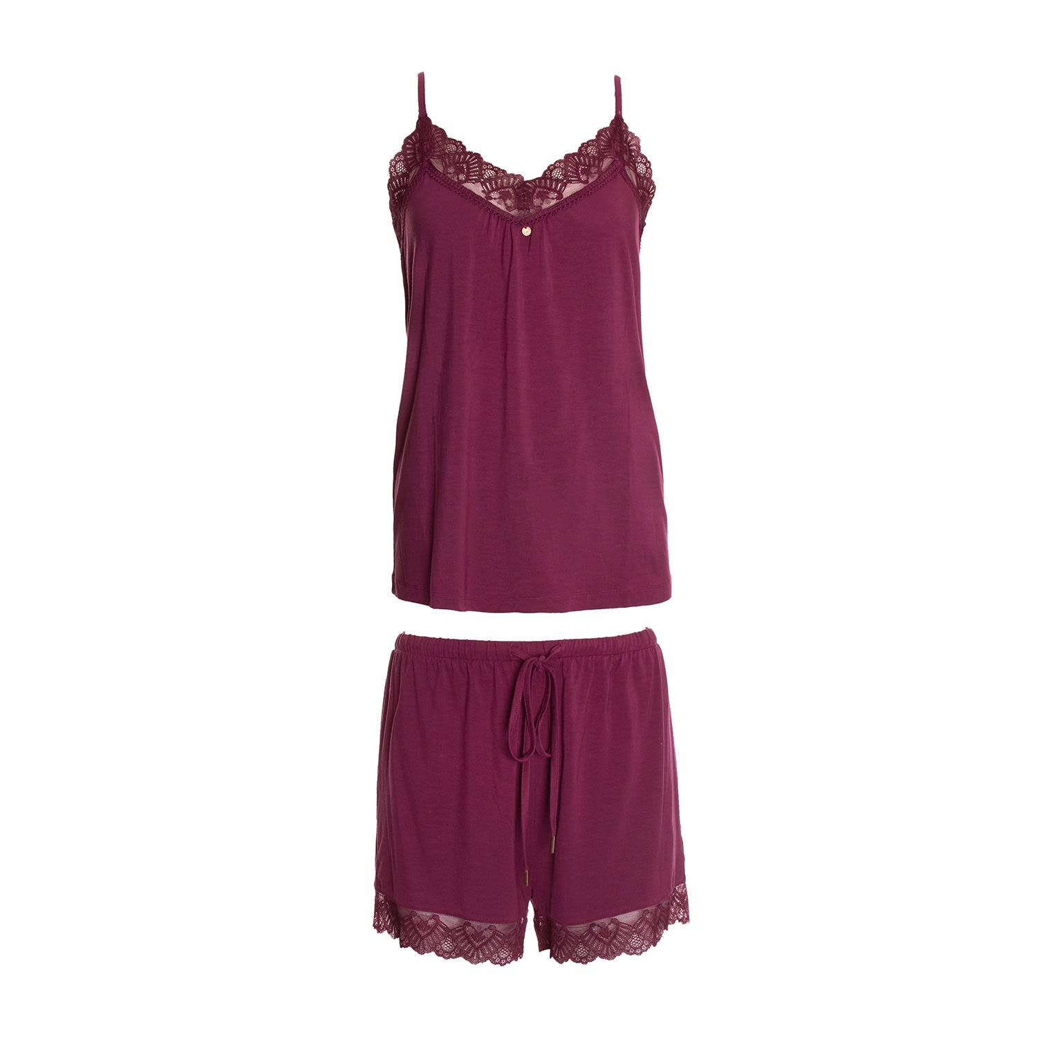 Pretty You Women's Red Bamboo Lace Cami Short Pyjama Set In Bordeaux In Burgundy