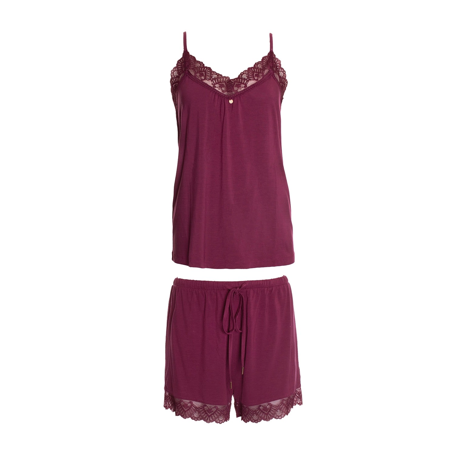 Pretty You Women's Red Bamboo Lace Cami Short Pyjama Set In Bordeaux In Red