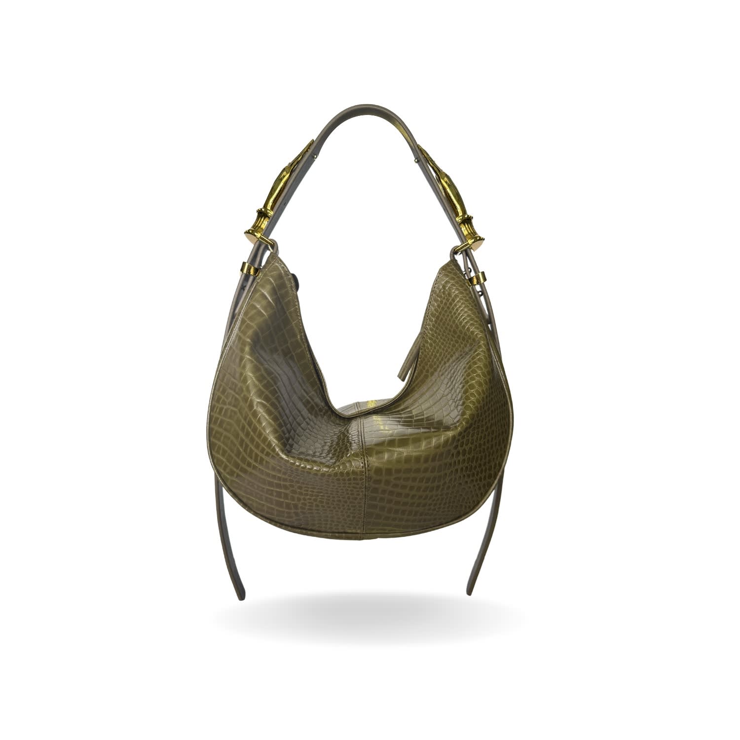 Indigolush Women's Green Hobo Adjustable Hand Shaped Leather Bag Midi Dark Moss Two Hands