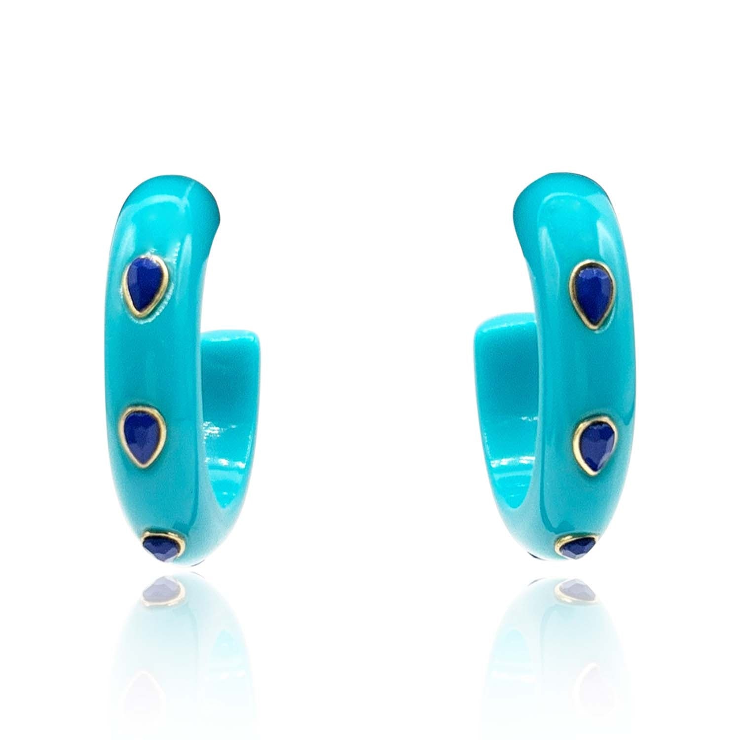 Michael Nash Jewelry Women's Blue / Yellow / Orange Turquoise Resin Hoop Earrings With Faceted Lapis Glass Pear Stones
