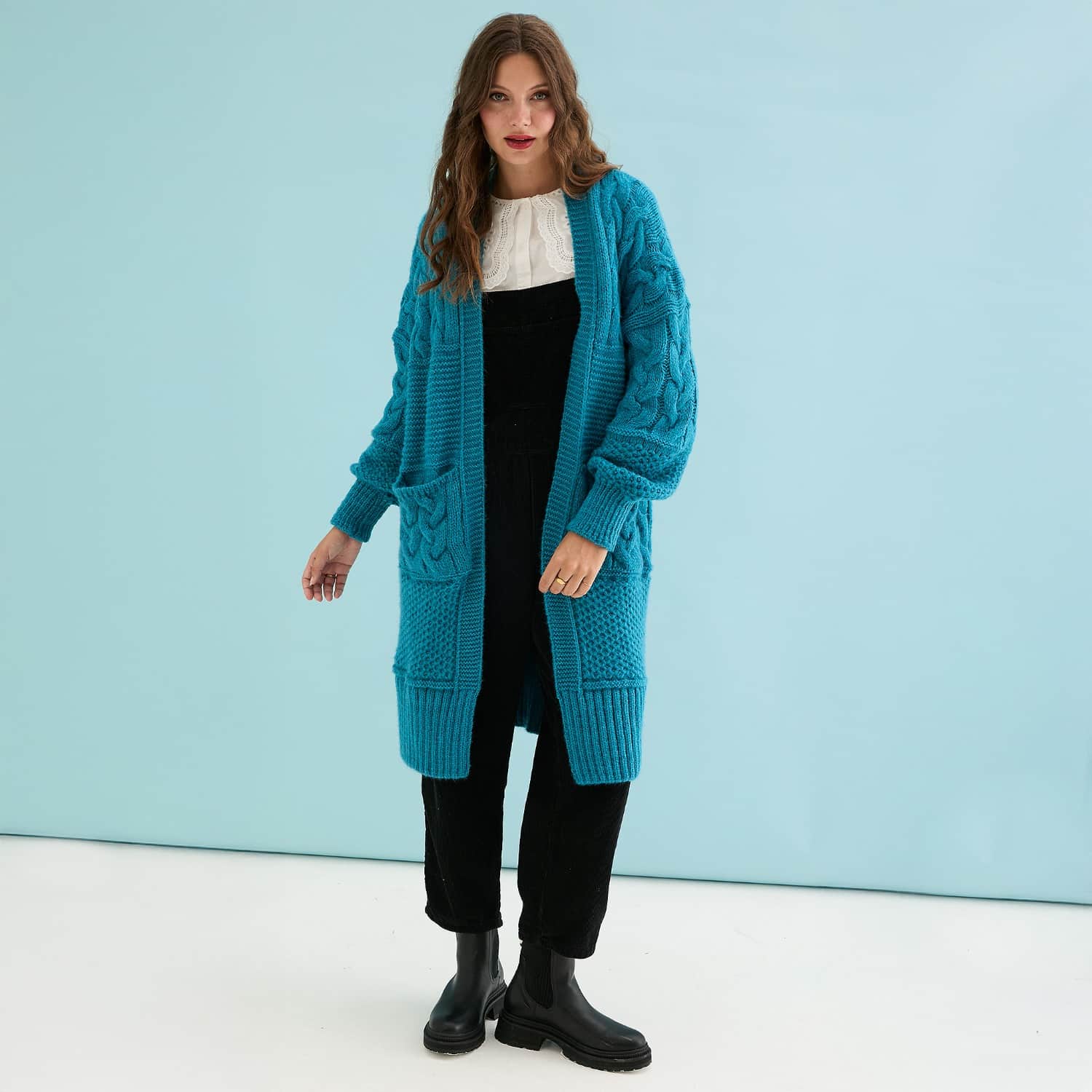 Alex Balloon Sleeve Cable Maxi Cardigan - Teal | Cara & The Sky