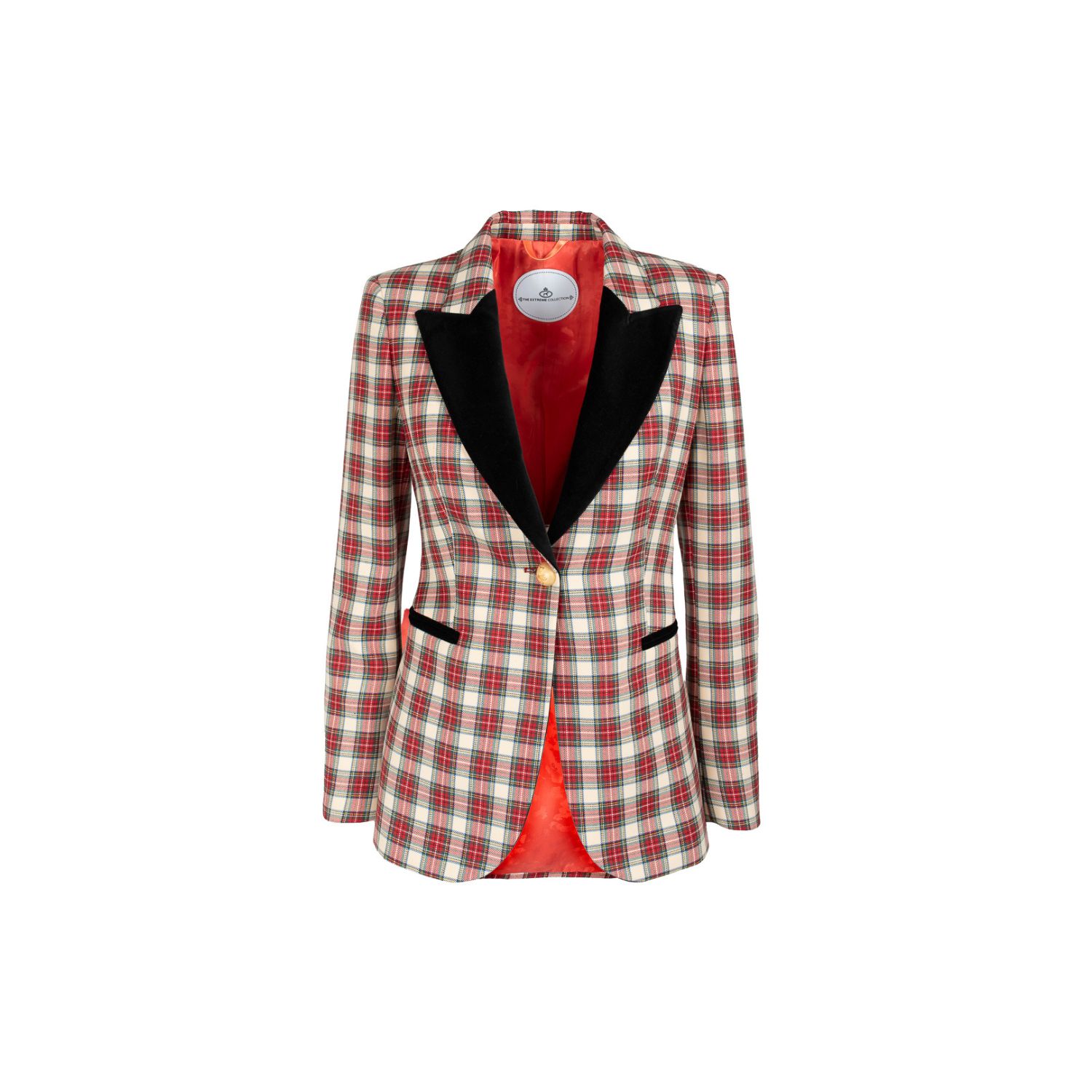 The Extreme Collection Women's Red / Green Red And Green Plaid Blazer With Black Lapels And Golden Buttons Alcott In Red/green