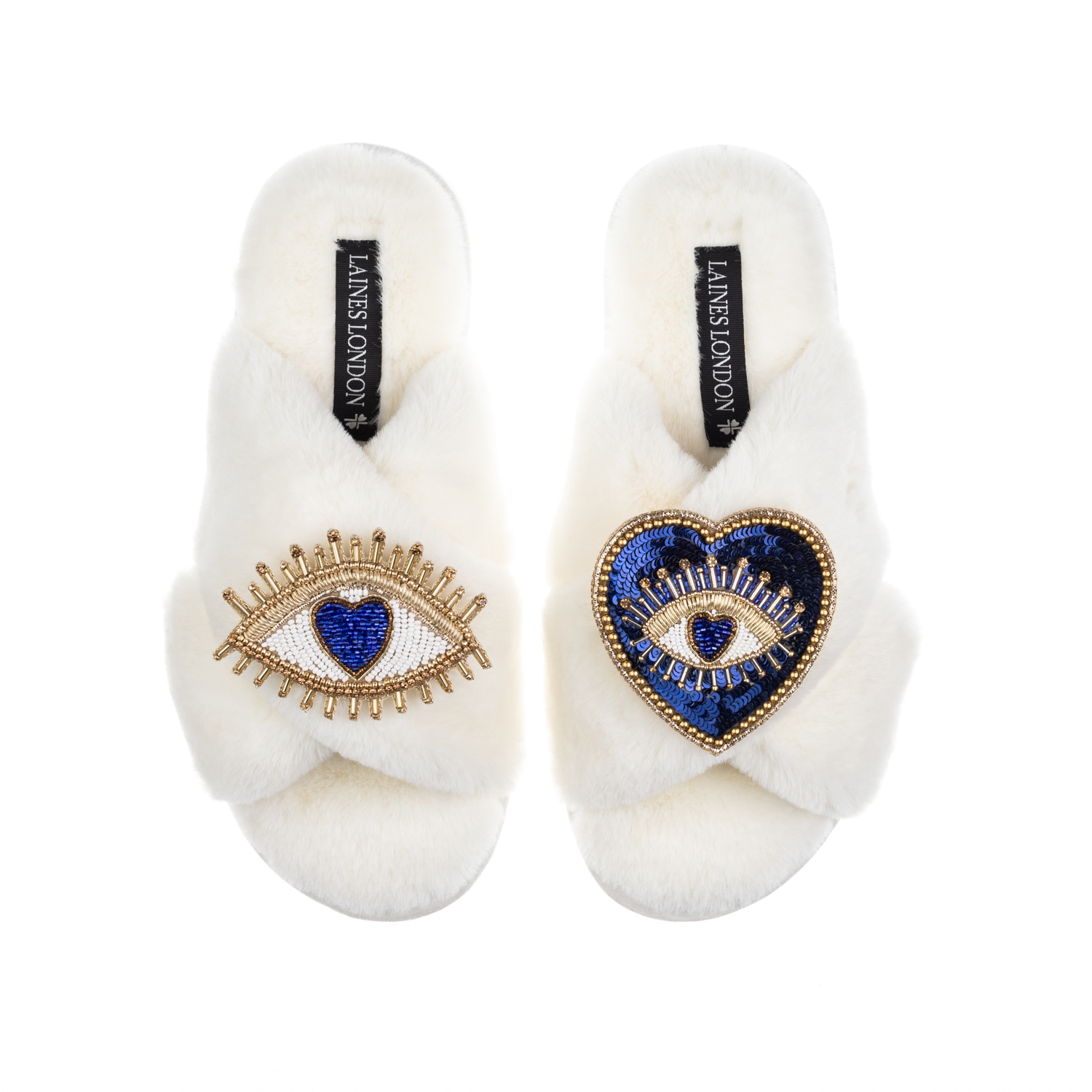 Laines London Women's White / Neutrals Classic Laines Slippers With Double Blue Heart & Love Eye Brooches - Cream In White