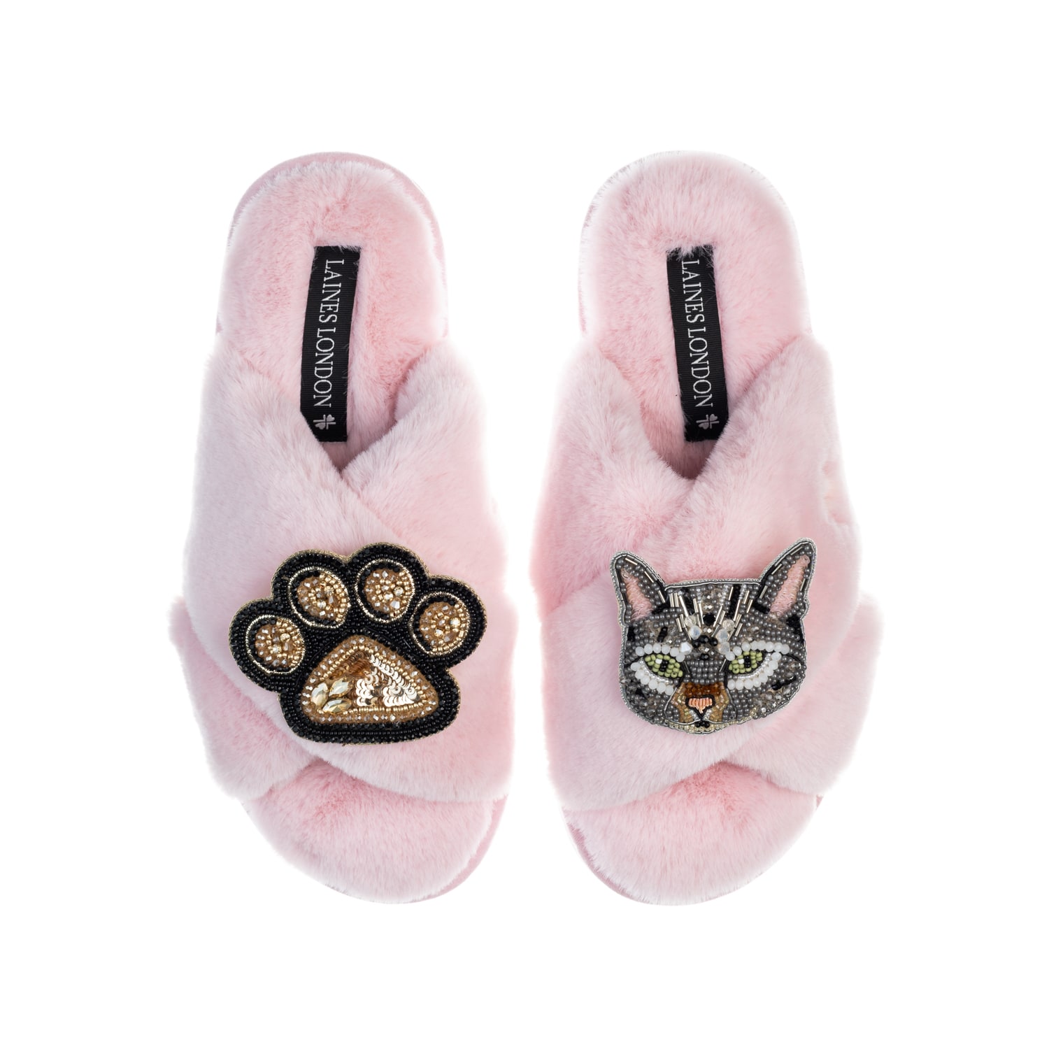 Laines London Women's Pink / Purple Classic Laines Slippers With Grey Pebbles Cat & Paw Brooches - Pink