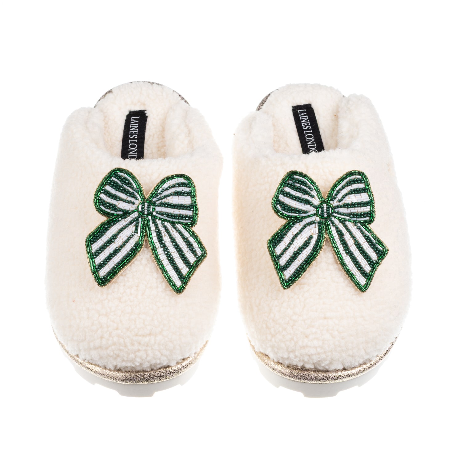 Laines London Women's Neutrals / White Teddy Closed Toe Slippers With Green Stripe Bow Brooches - Cream In White