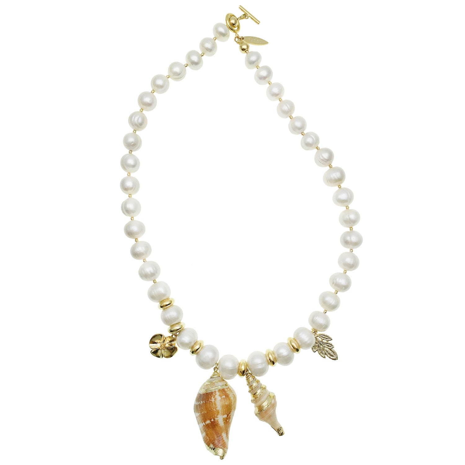 Farra Women's White Freshwater Pearls With Shell Dangles Short Necklace