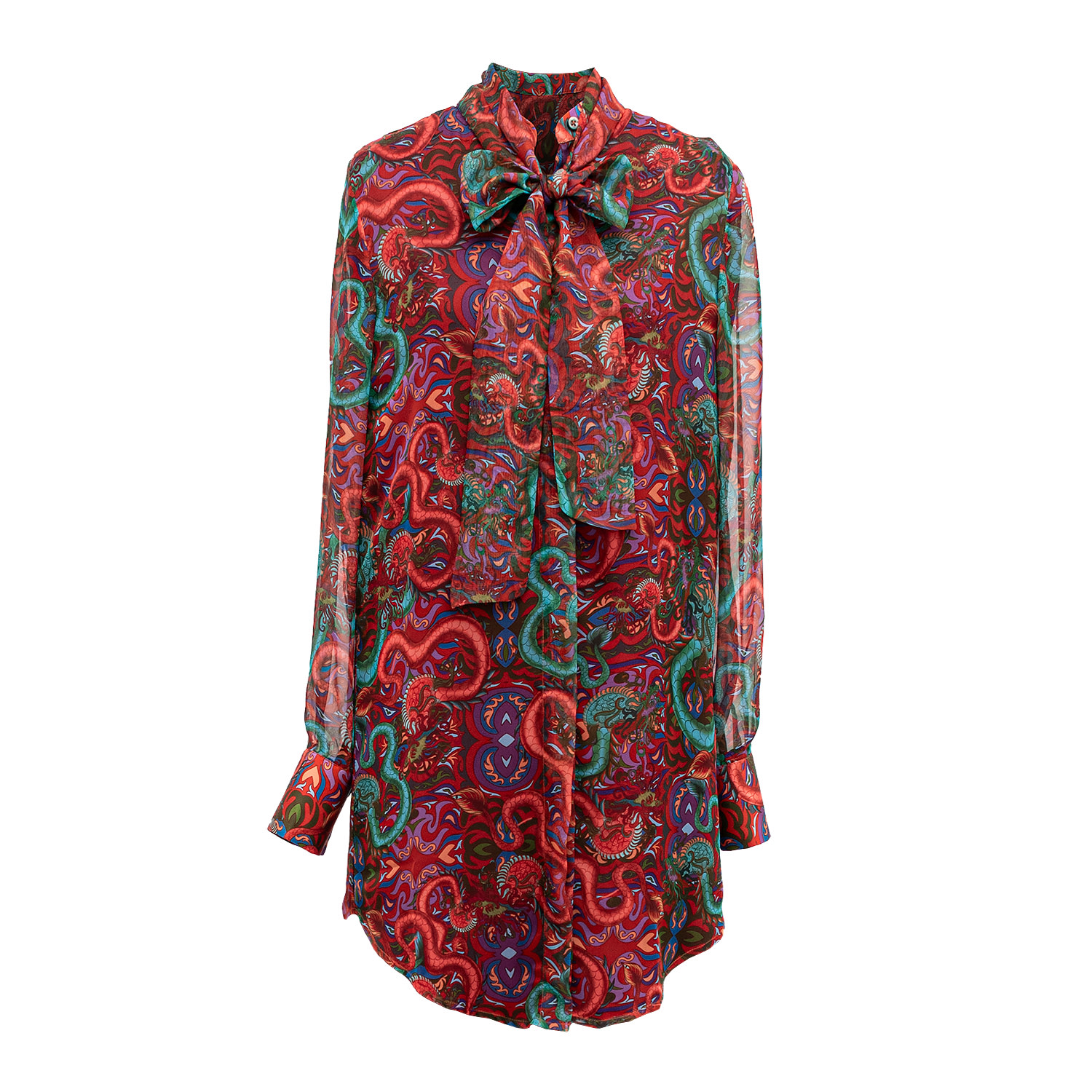 Janara Jones Women's Fantasy Print Chiffon Long-sleeve Mandarin Collar With Tie Blouse In Orange