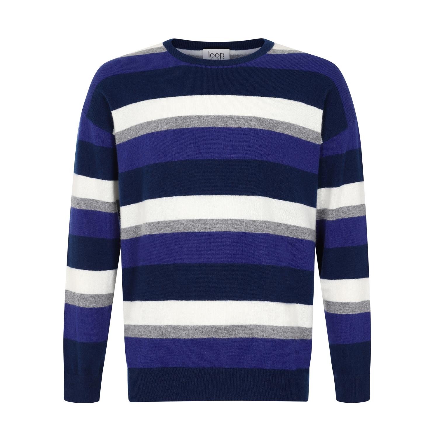 Mens Cashmere Crew Neck Sweater In Midnight Blue Stripe Large Loop Cashmere