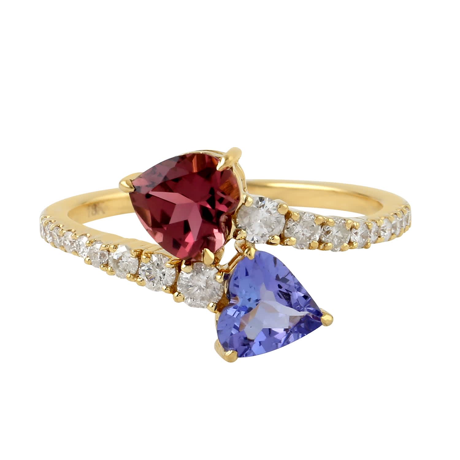 Pink Tourmaline Tanzanite 18k Yellow Gold Pave Diamond Heart Ring Jewelry Artisan Wolf Badger