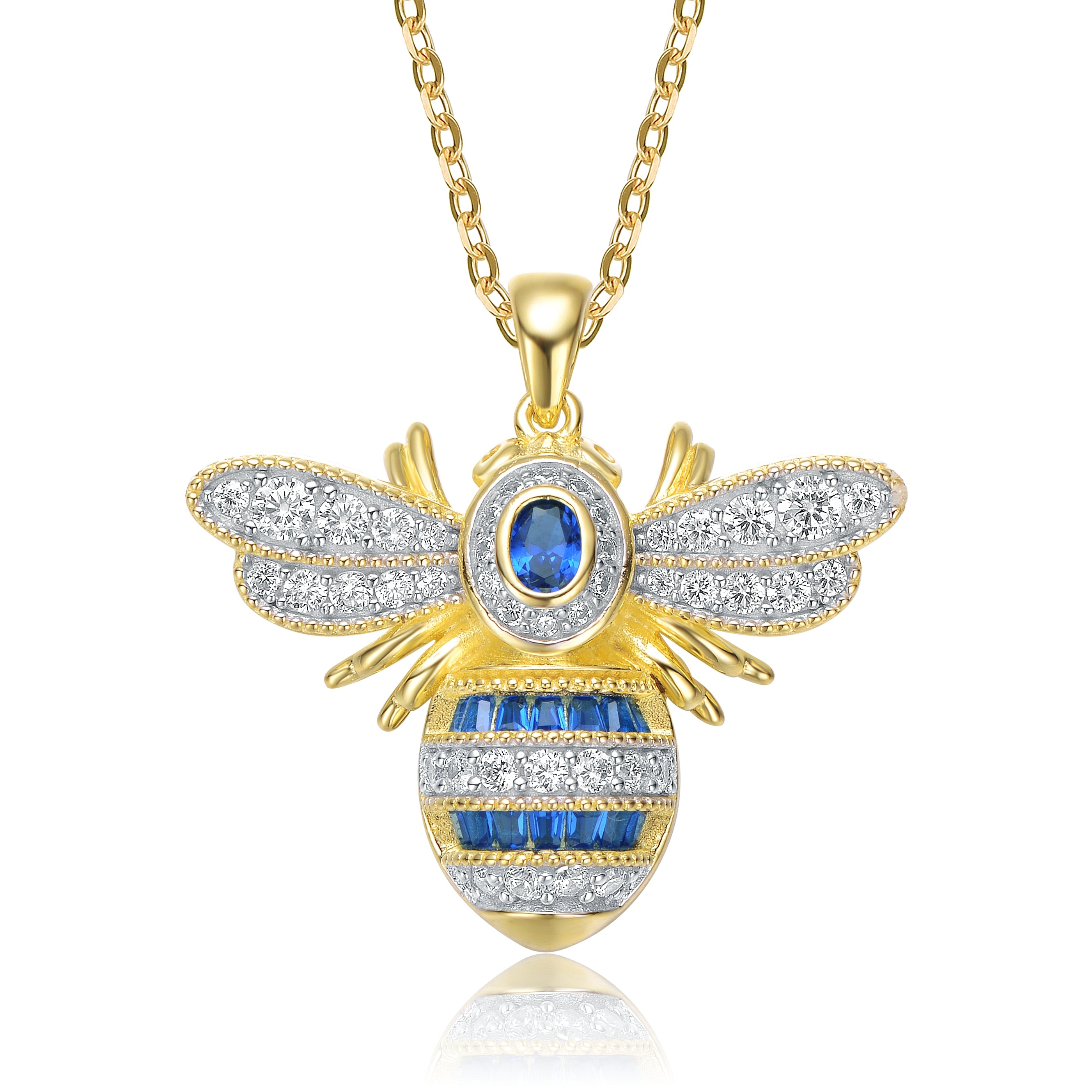 Women’s White / Gold / Blue Sterling Silver Yellow Gold Plated With Sapphire Cubic Zirconia Pave Wasp Pendant Genevive Jewelry