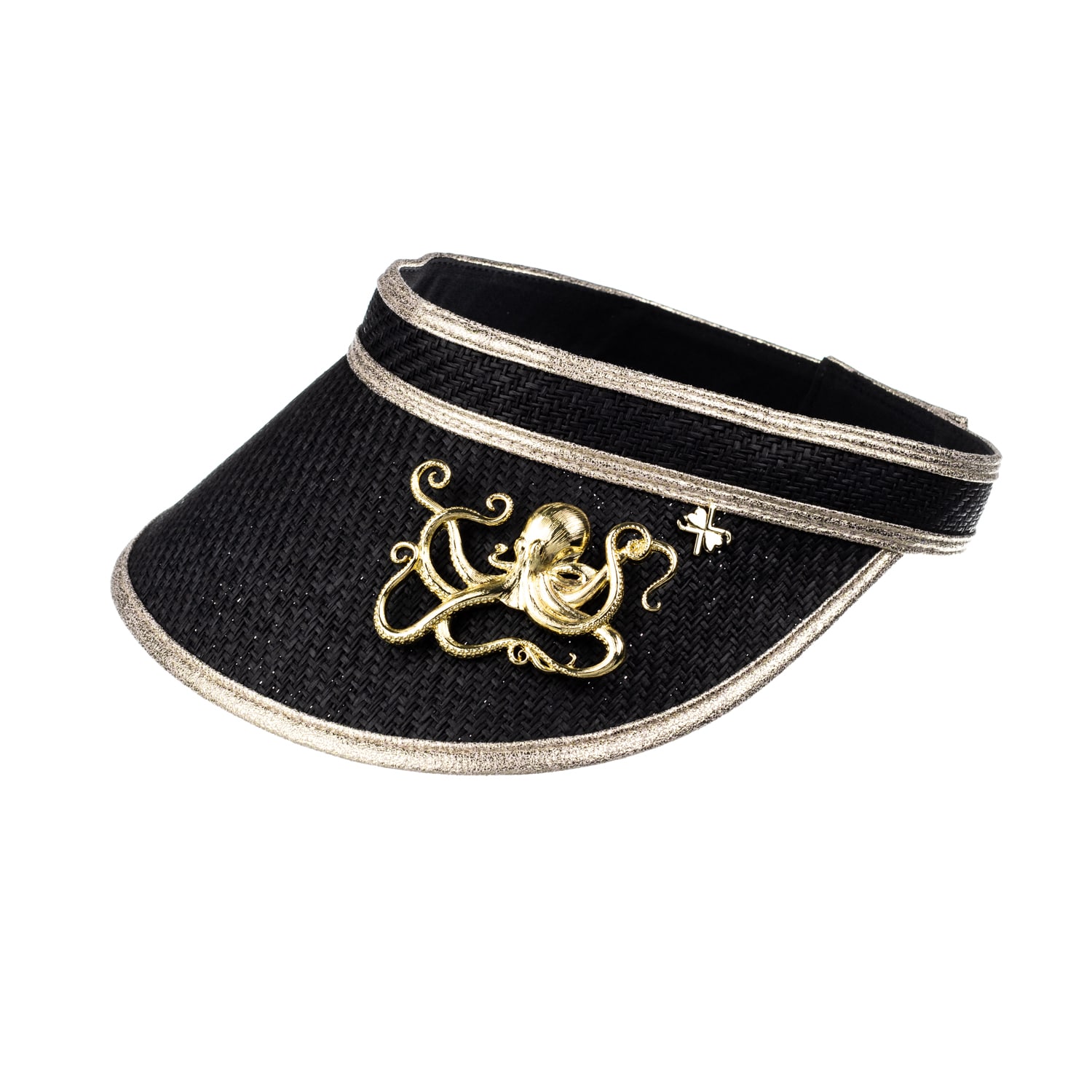 Women’s Straw Woven Visor With Gold Metal Octopus Brooch - Black One Size Laines London