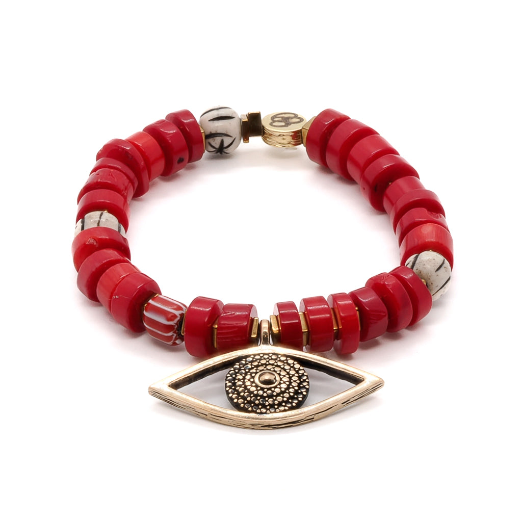 Ebru Jewelry Women's Gold / Red Red Coral Chunky Evil Eye Beaded Bracelet - Red