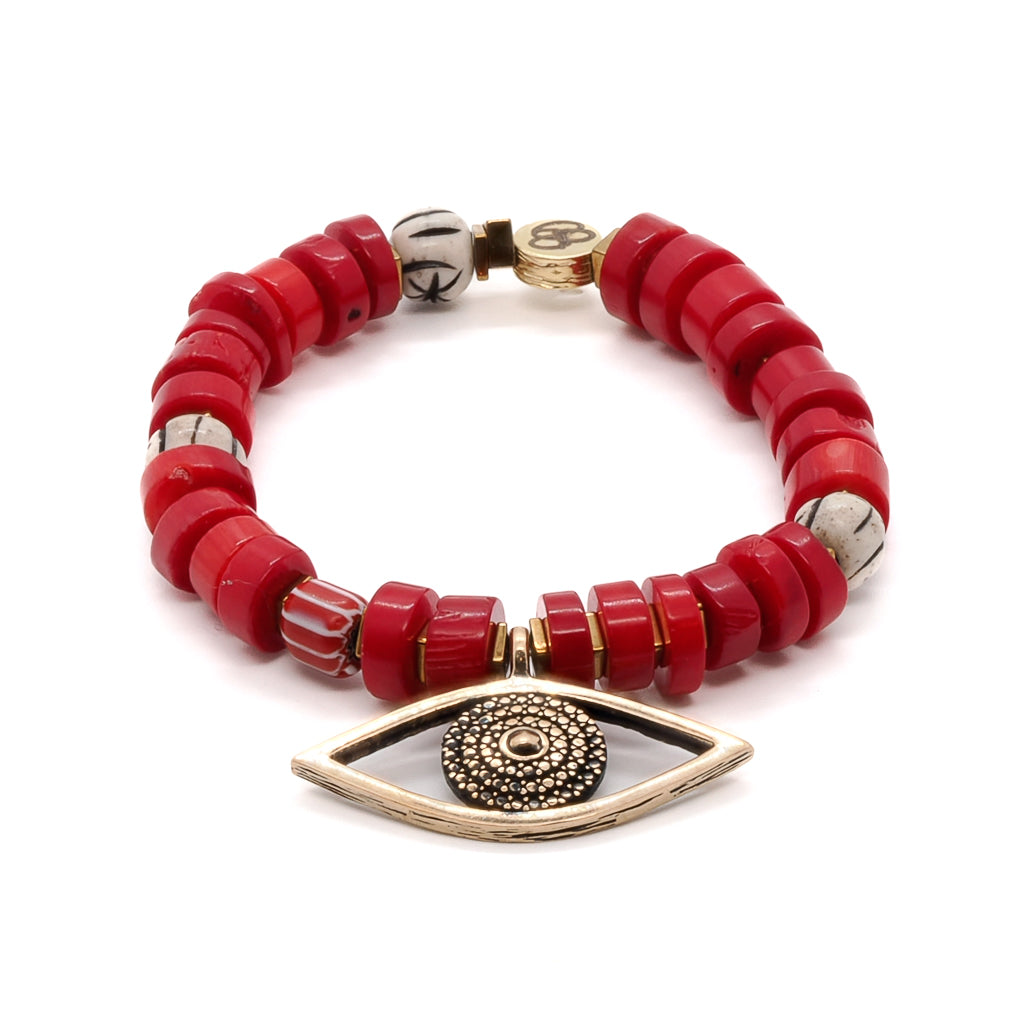 Women’s Gold / Red Red Coral Chunky Evil Eye Beaded Bracelet - Red Ebru Jewelry