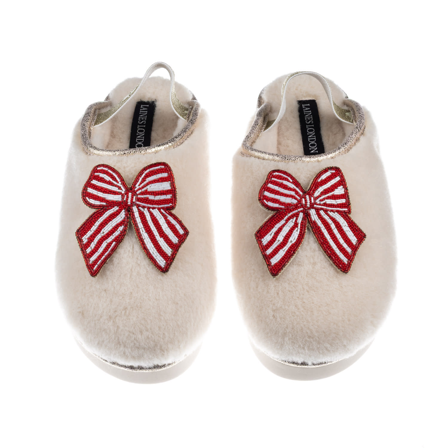 Laines London Women's Gold / Neutrals / White Flatform Cloud Slippers With Red Stripe Bow Brooches - Cream