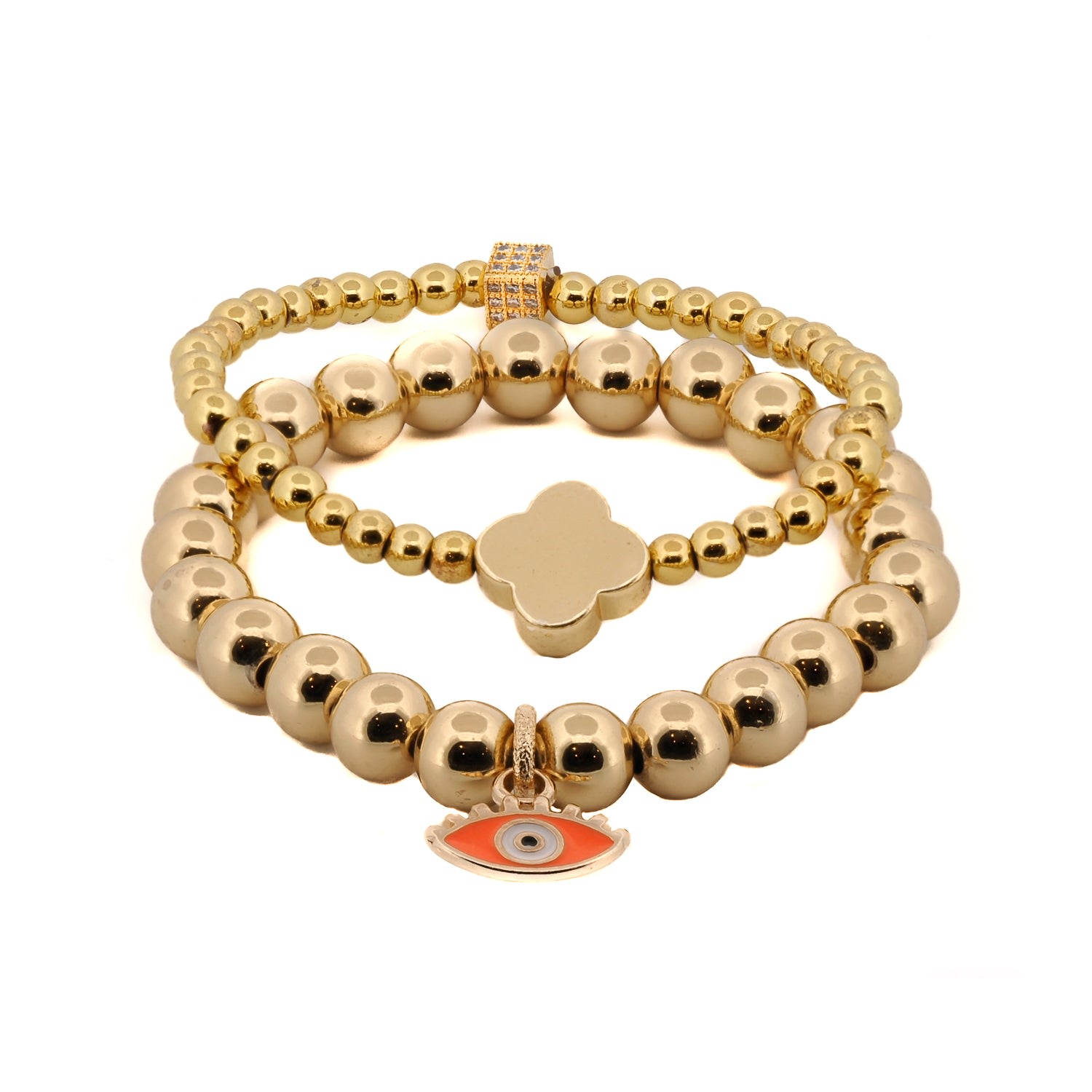 Women’s Gold / Yellow / Orange Evil Eye & Clover Gold Beaded Bracelet Set - Gold Ebru Jewelry