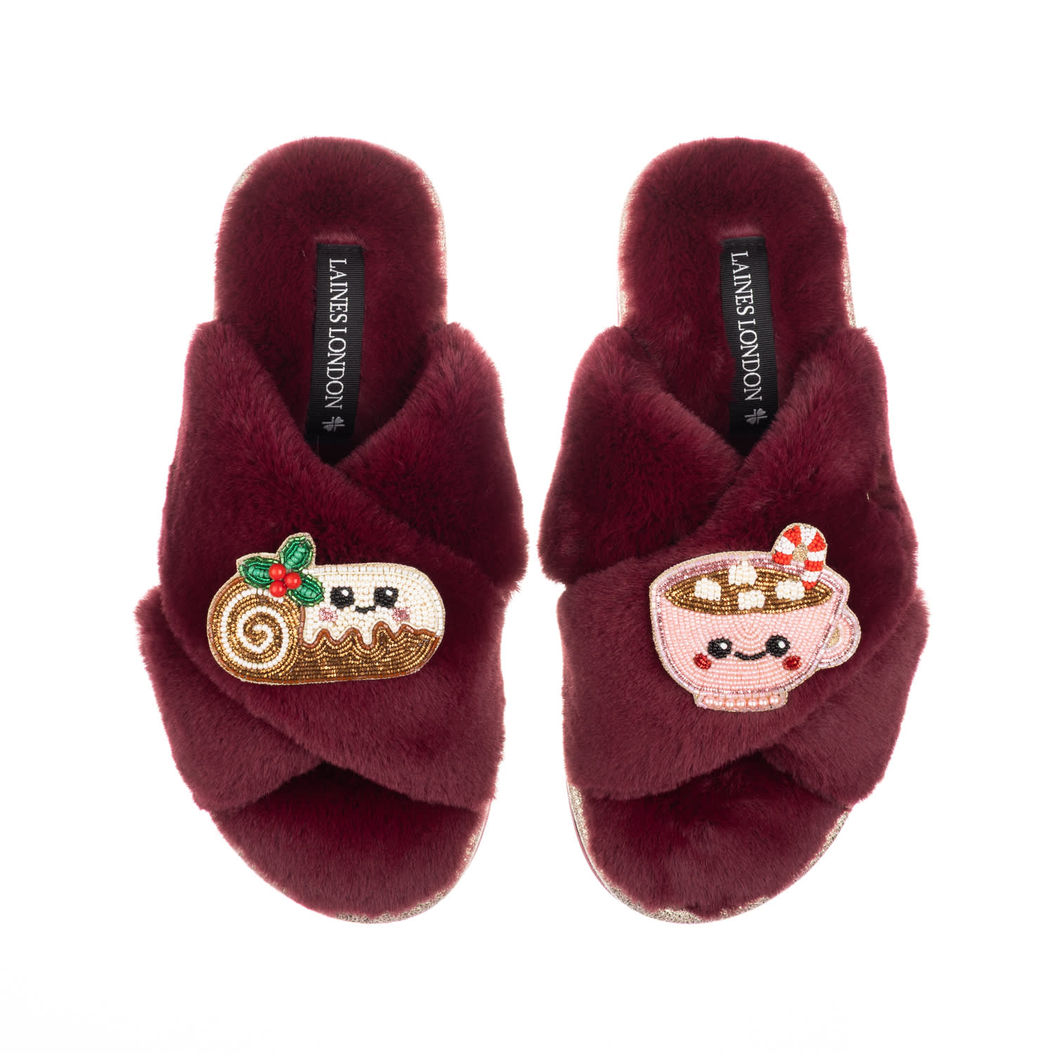 Laines London Women's Red Classic Slippers With Christmas Laines Lovable Yule Log & Hot Chocolate Brooches - Limit In Brown