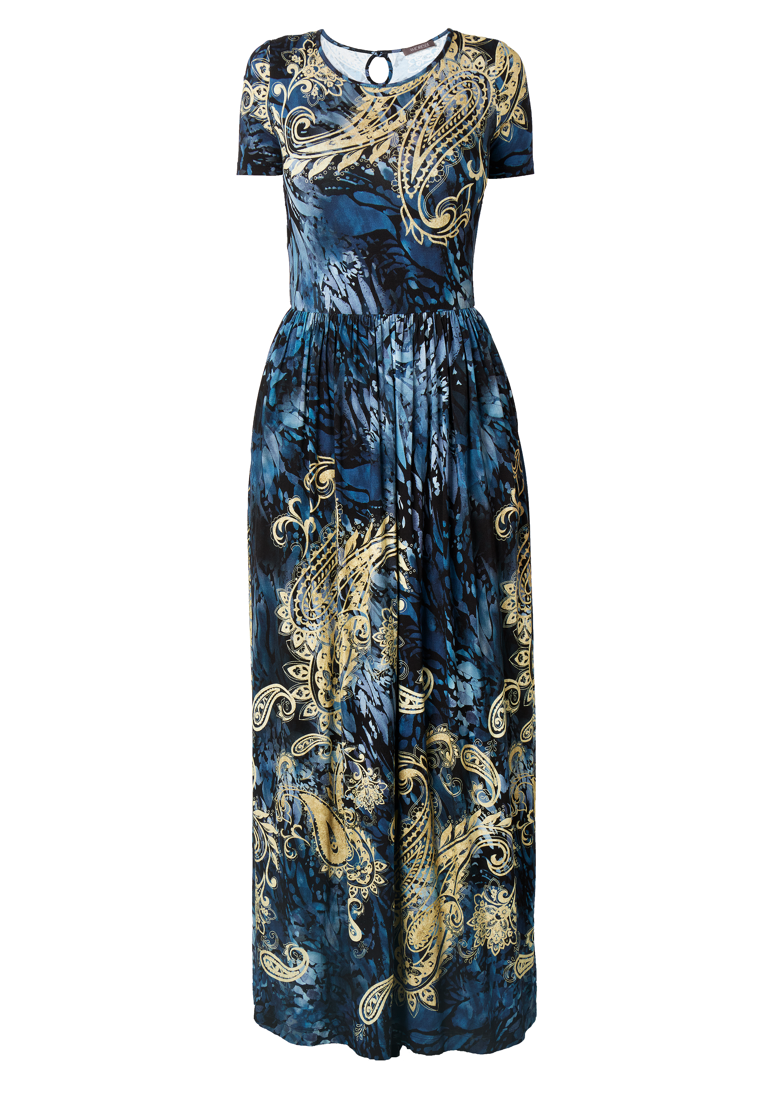 Amoresea Women's Blue / Gold Magnificent Long Jersey Blue And Gold Dress With Pockets In Blue/gold