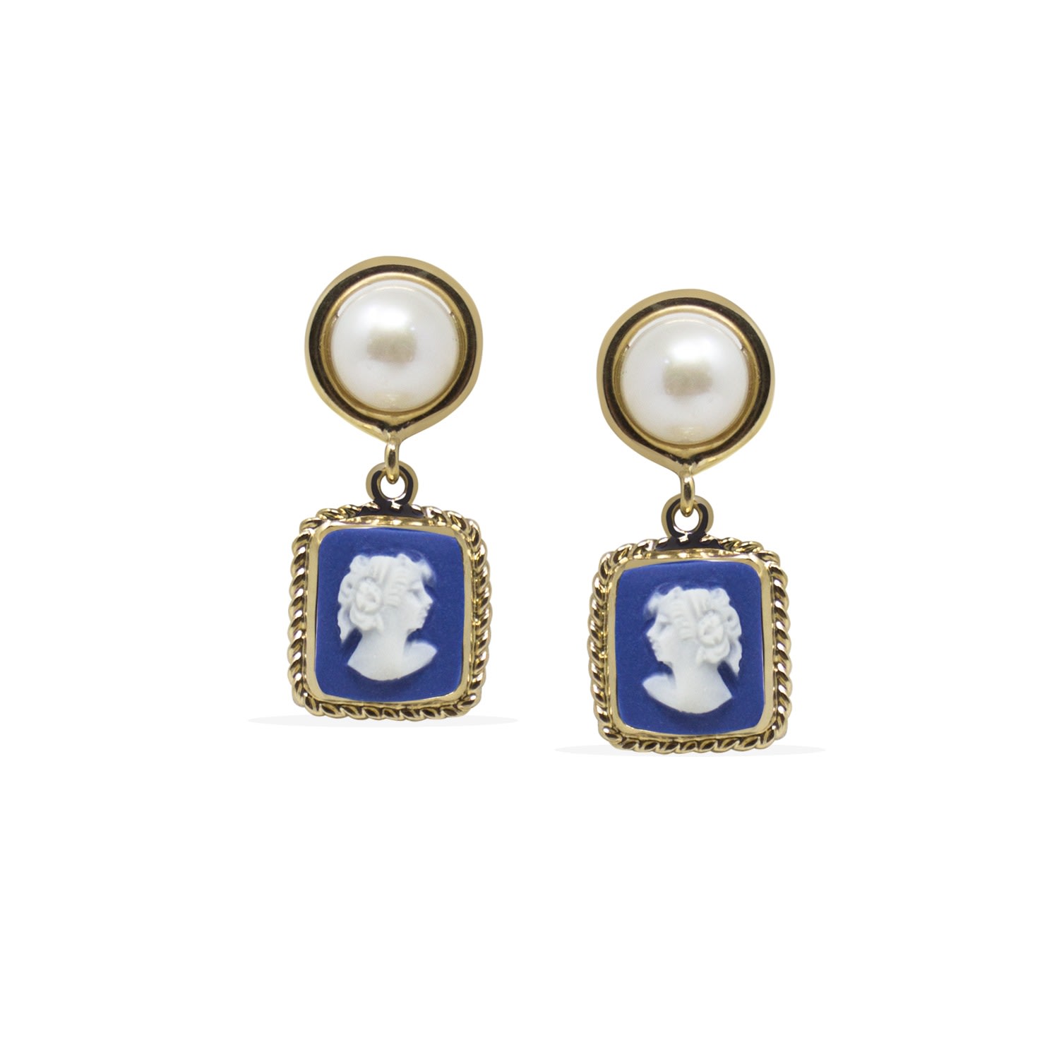 Women’s Gold / Blue The Beloved Gold-Plated Blue Cameo And Pearl Earrings Vintouch Italy