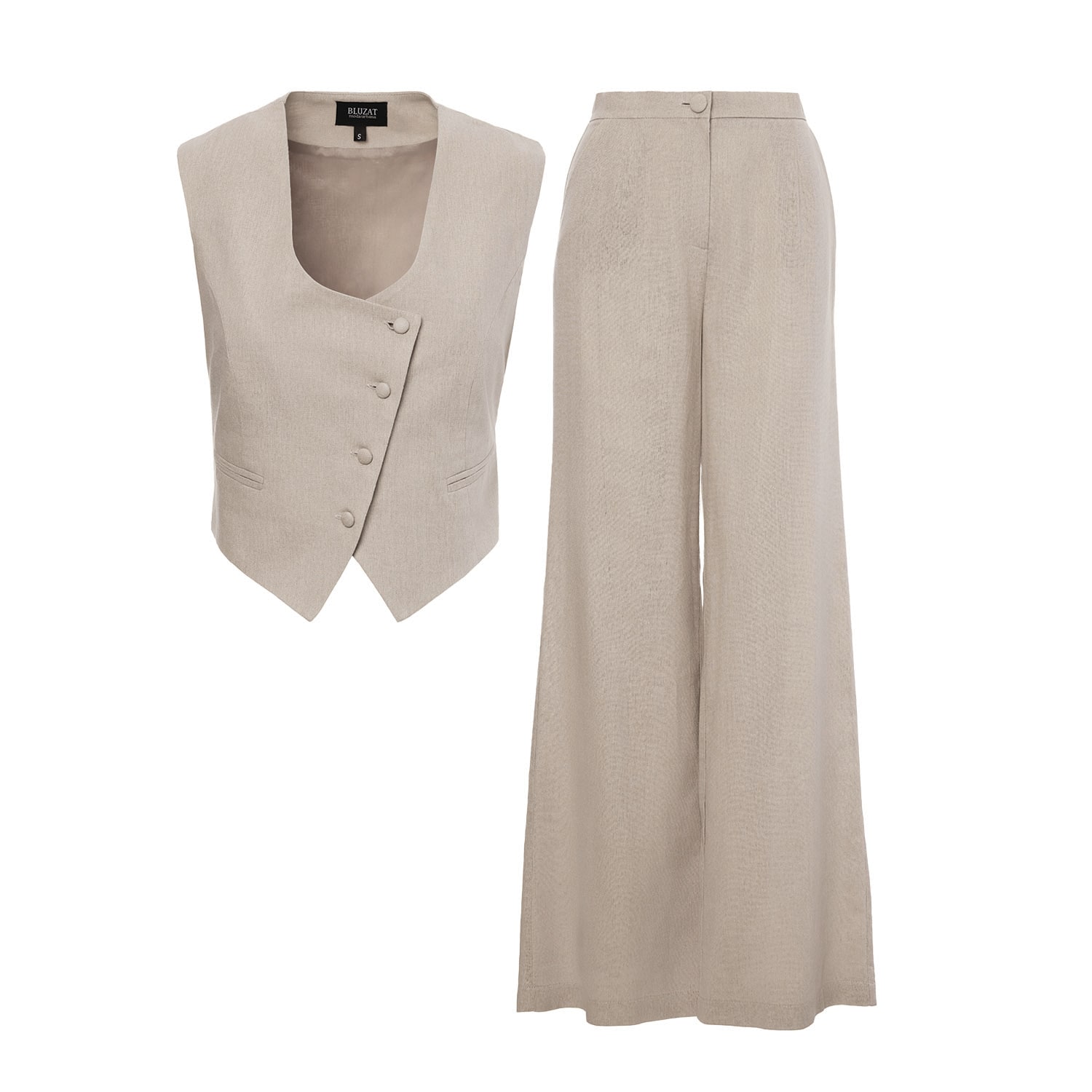 Bluzat Women's Neutrals Beige Linen Suit With Cut-out Vest And Straight-cut Trousers In Beige