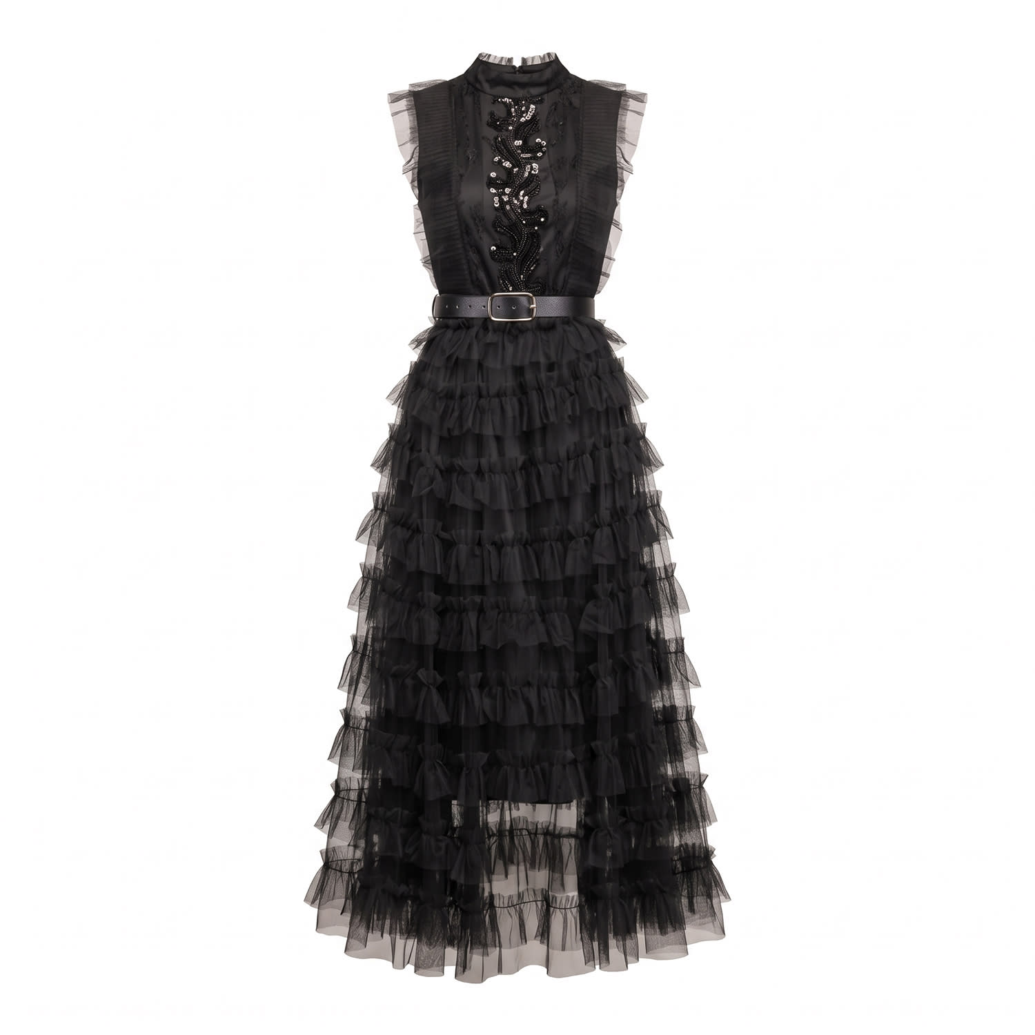 Tantra Spain Sl Women's Maxi Dress With A Ruffled, Lace Skirt And A Beaded Bodice; Includes Belt Black