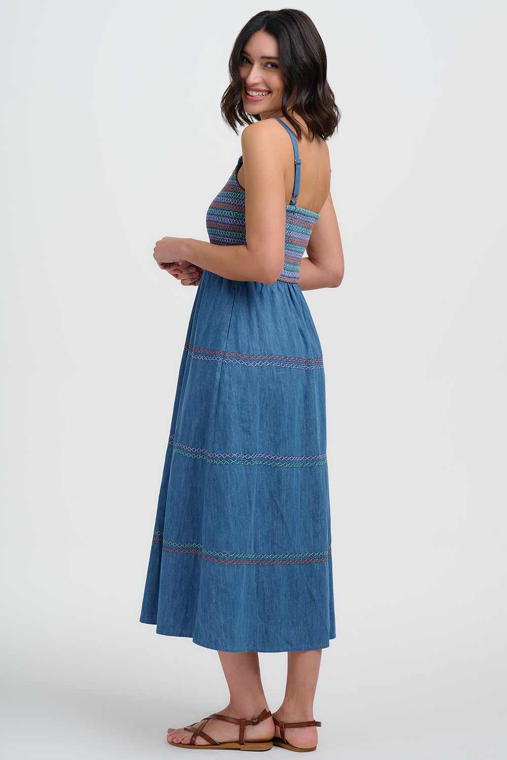 Murren Shirred Midi Dress Washed Blue Denim | Sugarhill Brighton