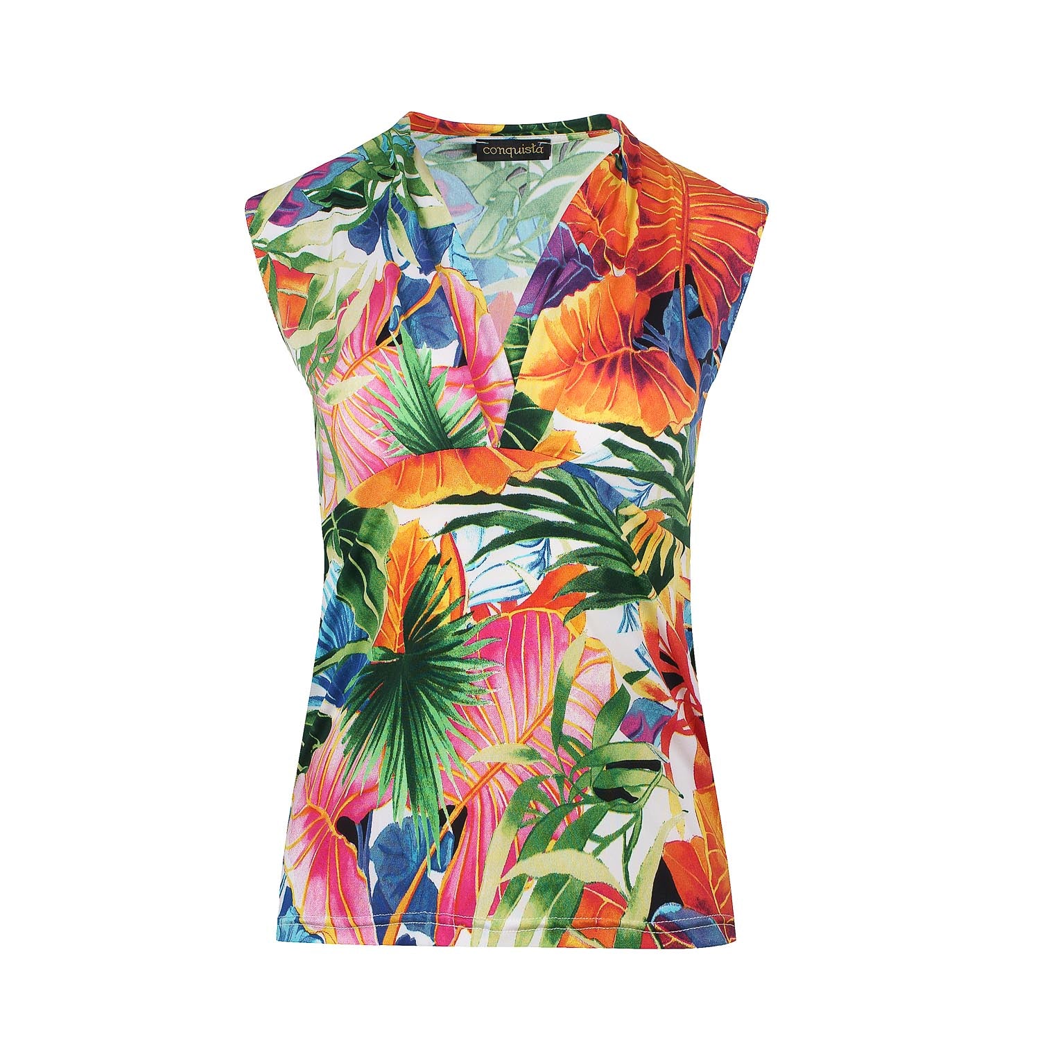 Conquista Women's Print Orange V Neck Jersey Top In Orange