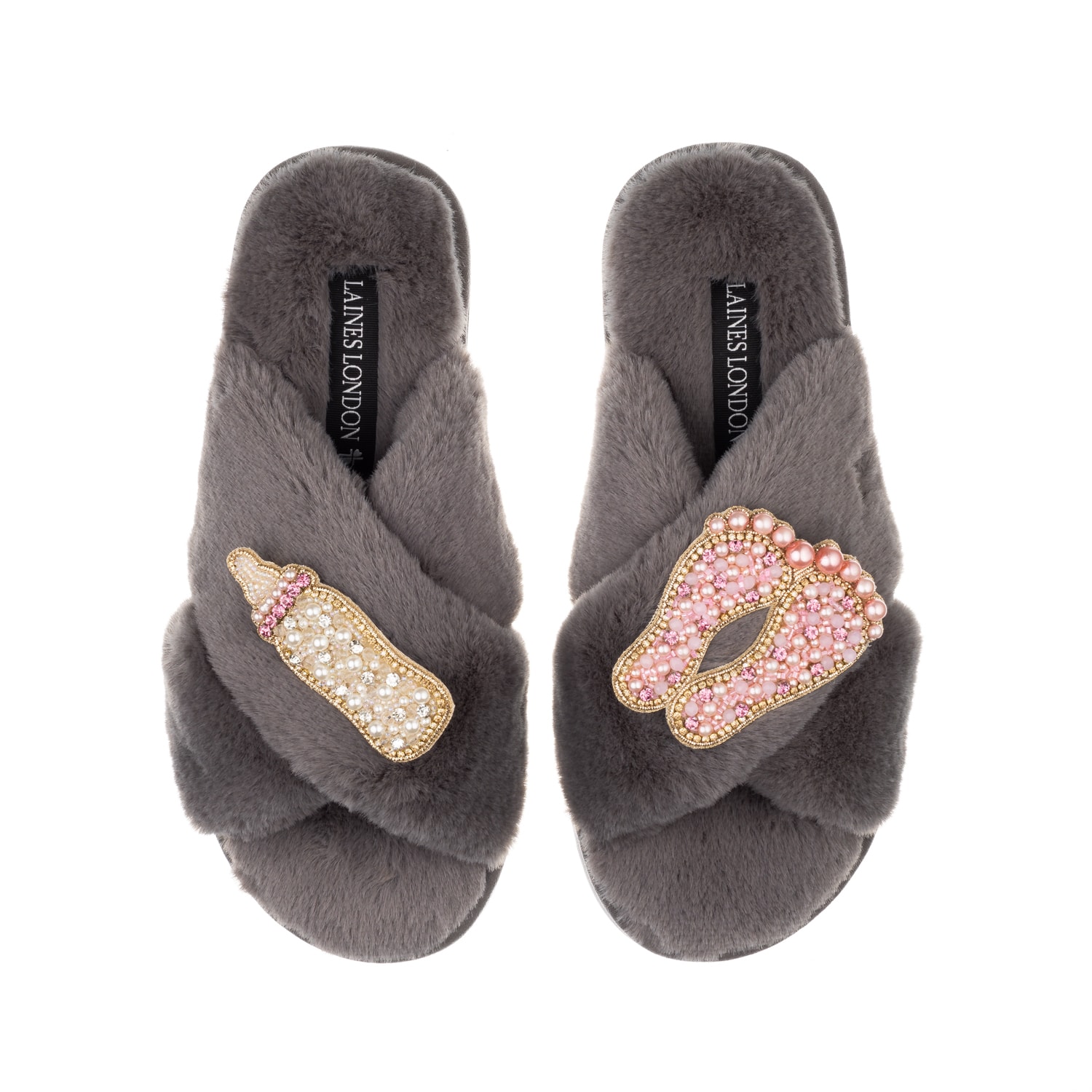 Laines London Women's Classic Laines Slippers With New Baby Girl Brooches - Grey In Grey