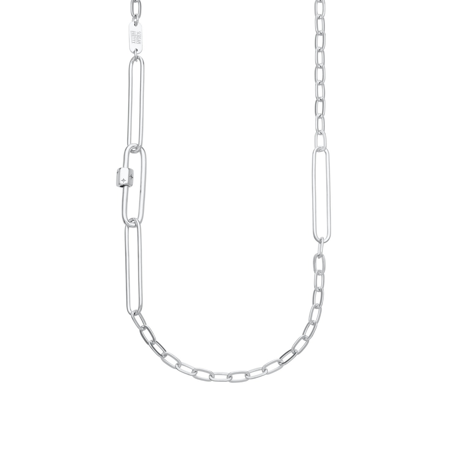 Women’s Silver Mismatched Long Link Carabiner Chain Necklace Scream Pretty