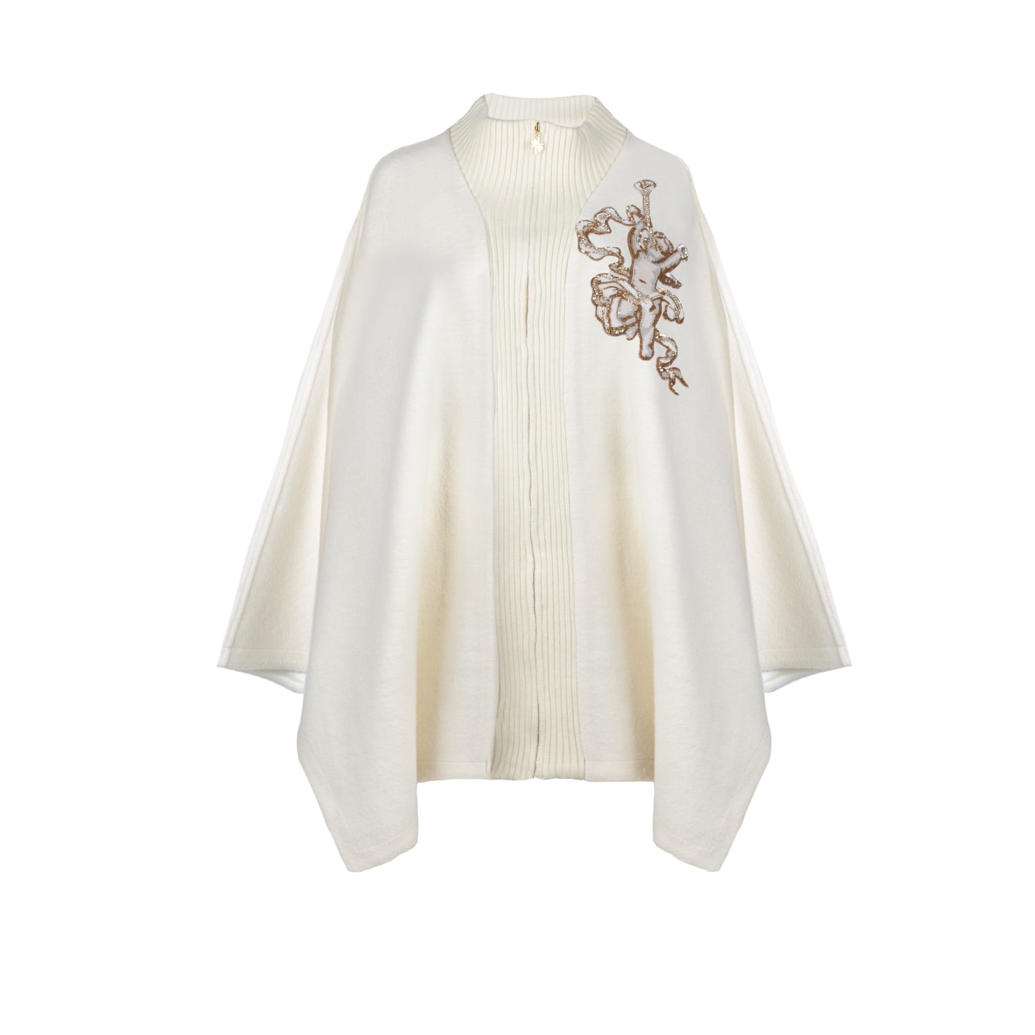 Laines London Women's Neutrals / Gold / White Laines Couture Wool Blend Zip Cape With Embellished Cherub - Cream In Gold/white