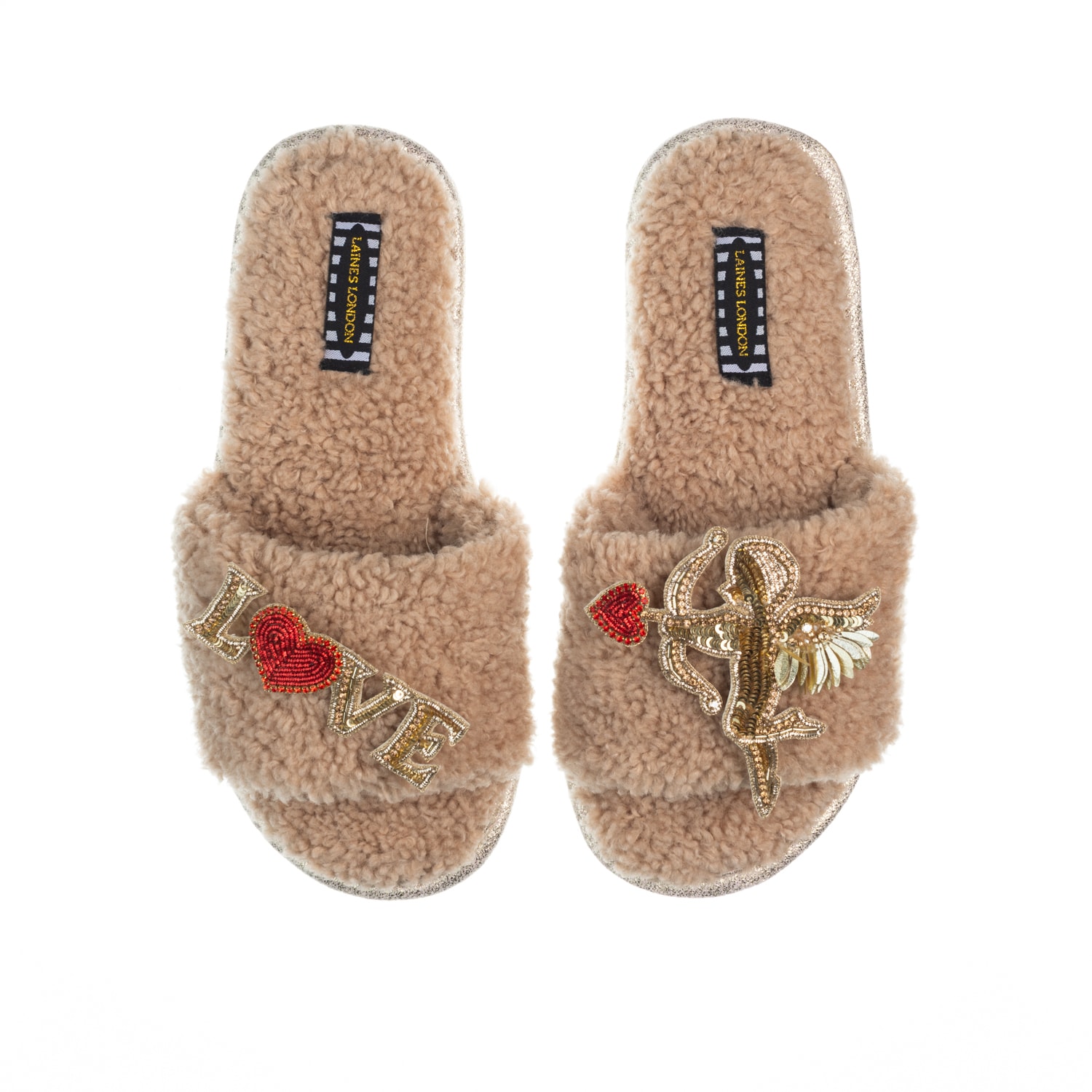 Women’s Neutrals Teddy Toweling Slipper Sliders With Cupid & Love Brooches - Toffee Large Laines London