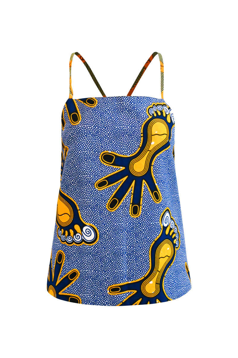 Women’s Blue / Yellow / Orange Kwento Open Back Reversible Spaghetti Strap Top Orange And Blue Happy Feet Extra Large Oliveankara