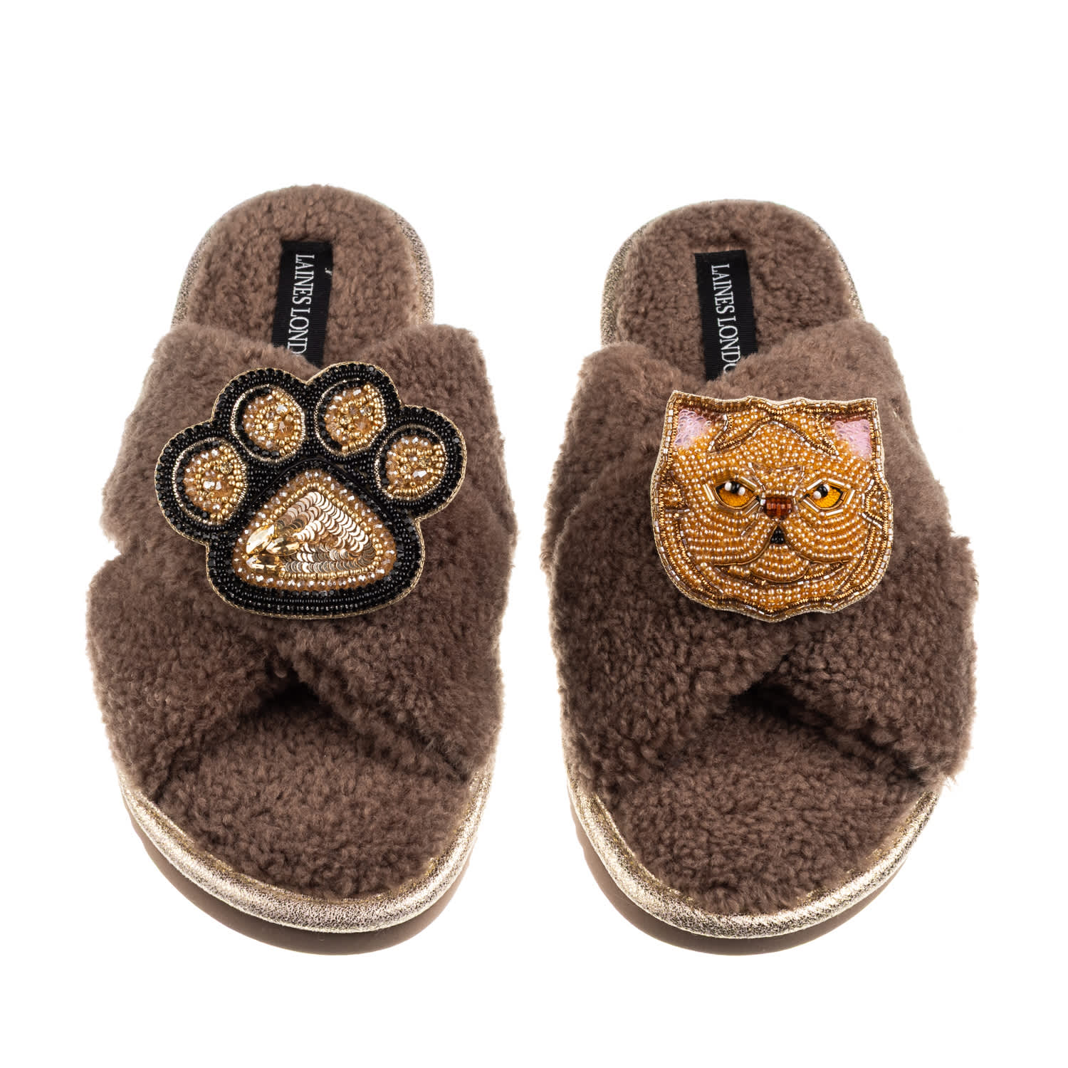 Laines London Women's Brown / Neutrals Boucle Slippers With Paw & Ginger Persian Cat Brooches - Mink In Brown