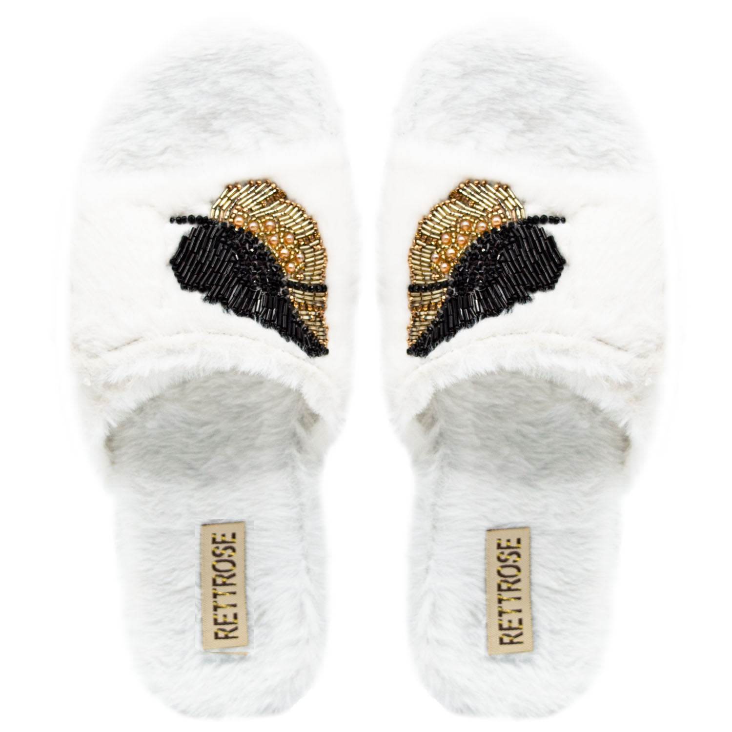 Rettrose Women's Neutrals The Wren Cream Luxury Plush Diamanté Embellished Handmade Slipper In White