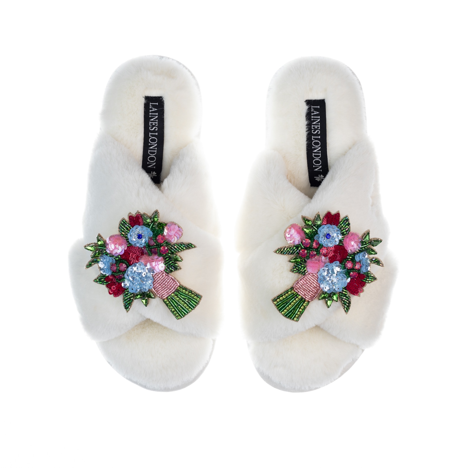 Laines London Women's White Classic Laines Slippers With Double Floral Bouquet Brooches - Cream