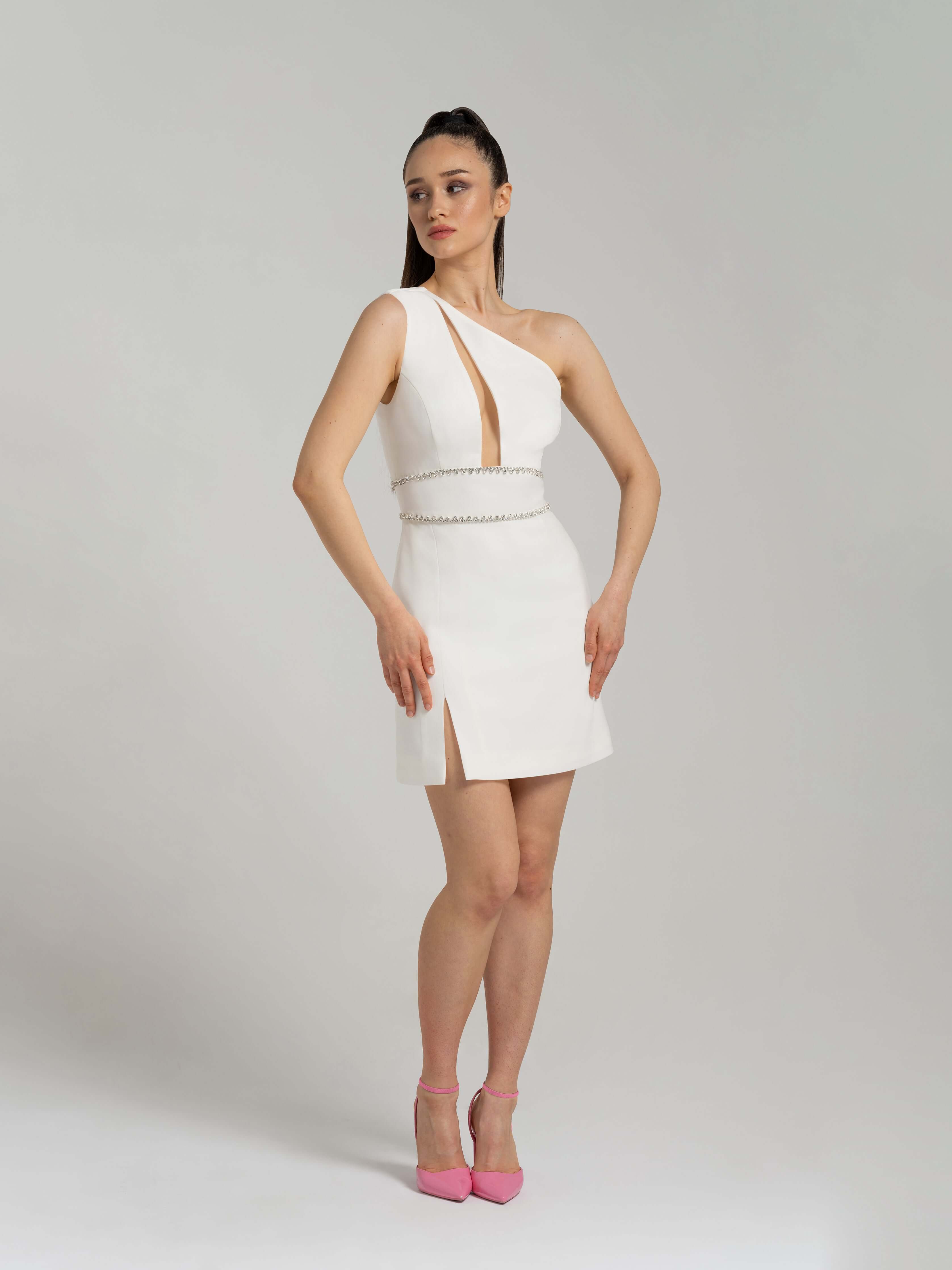 Wild Flower Flared Satin Mini Dress - Pearl White