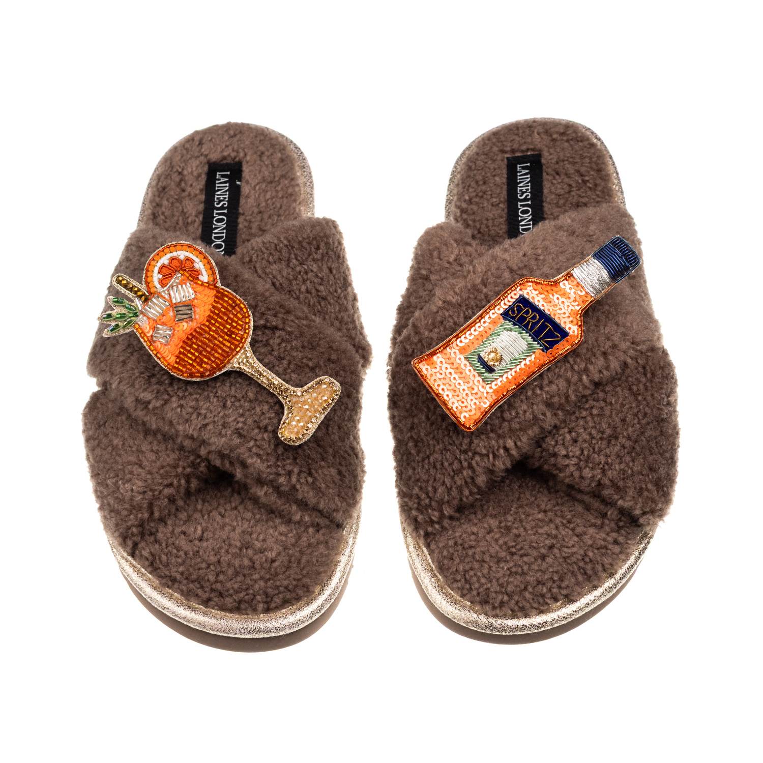 Laines London Women's Brown / Neutrals Laines Neutral Boucle Slippers With Summer Spritz Brooches - Mink