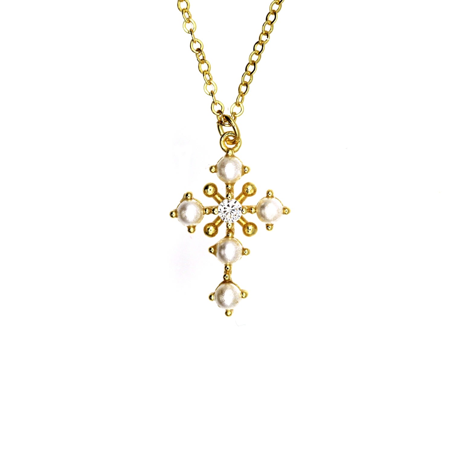 Women’s Yellow Solid Gold Natural Diamond And Pearl Cross Necklace Vicstonenyc Fine Jewelry