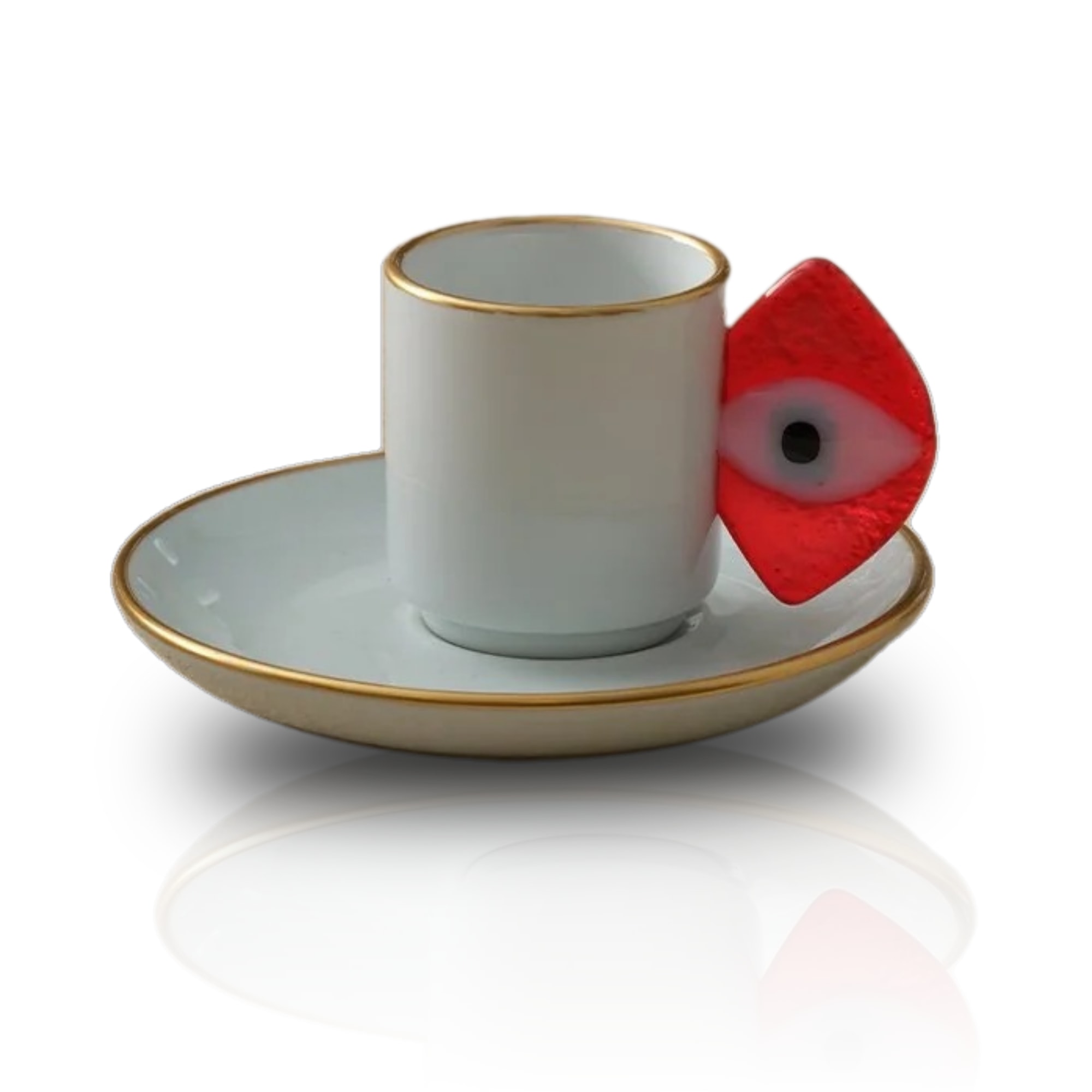 White / Red Porcelain Espresso Cup With Red Evil Eye Detail & Gold-Edged Saucer | Marleth
