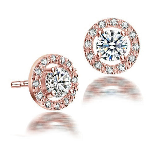 Women’s White / Rose Gold Genevive Elegant Platinum Plated Halo Stud Earrings Genevive Jewelry