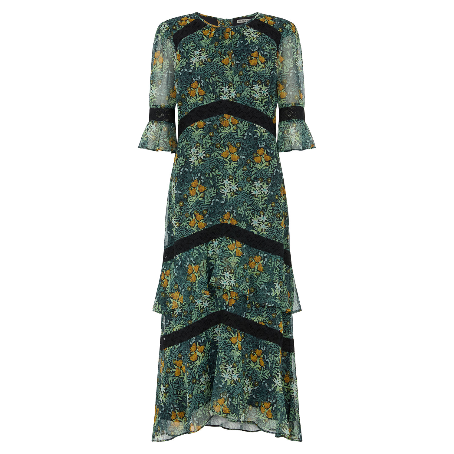 Hope & Ivy In Collaboration With The William Morris Society Tiered Hem Midi Dress With Lace Trims In Dark Green In Green