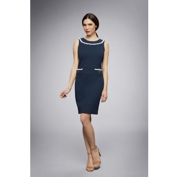 Rumour London Emilia Navy Cotton Tweed Dress With Fringed Neckline In Tweed