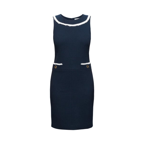 Rumour London Emilia Navy Cotton Tweed Dress With Fringed Neckline In Tweed
